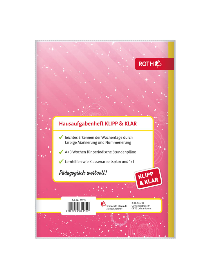 ROTH Klipp&Klar Grundschul-Aufgabenheft, Einhornportrait in Rosa günstig kaufen onesize