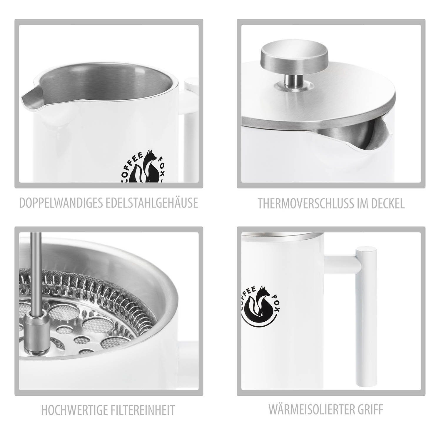 Coffee Fox French Press Kanne Kaffeekanne aus doppelwandigem Edelstahl, Pressfilterkanne Französische Kaffeepresse