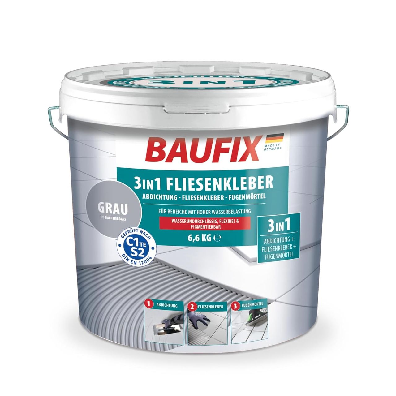 Baufix 3in1 Fliesenkleber, grau, 6,6 Kg, 2K Verbundabdichtung, Abdichtung Fliesenklebeber & Fugenmörtel in einem Produkt, wasserdicht und pigmentierbar