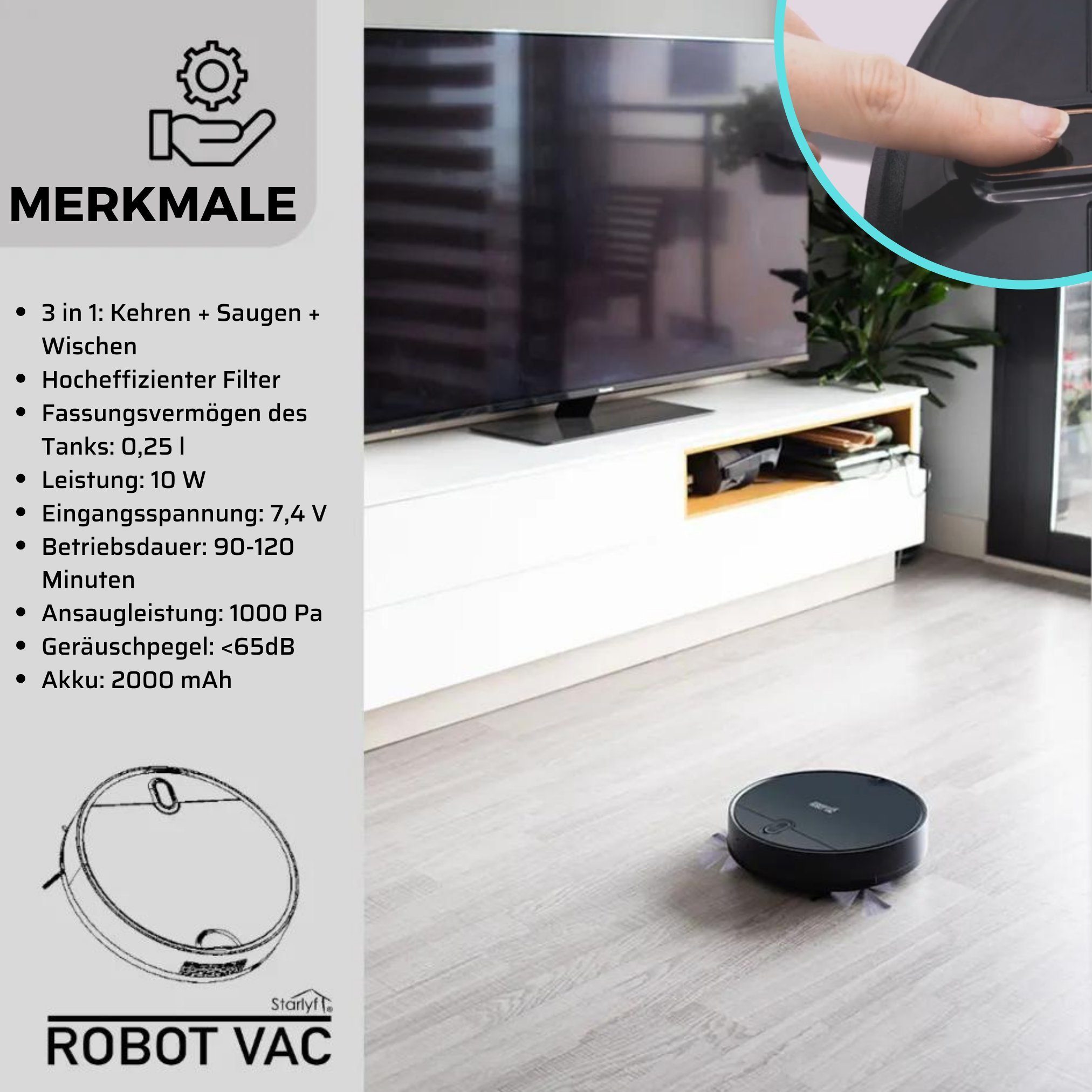 Starlyf Saugroboter Robot Vac, 10,00 W, beutellos, Staubsaugerroboter mit Wischfunktion, Teppich, Hartböden, 7,4V, leise