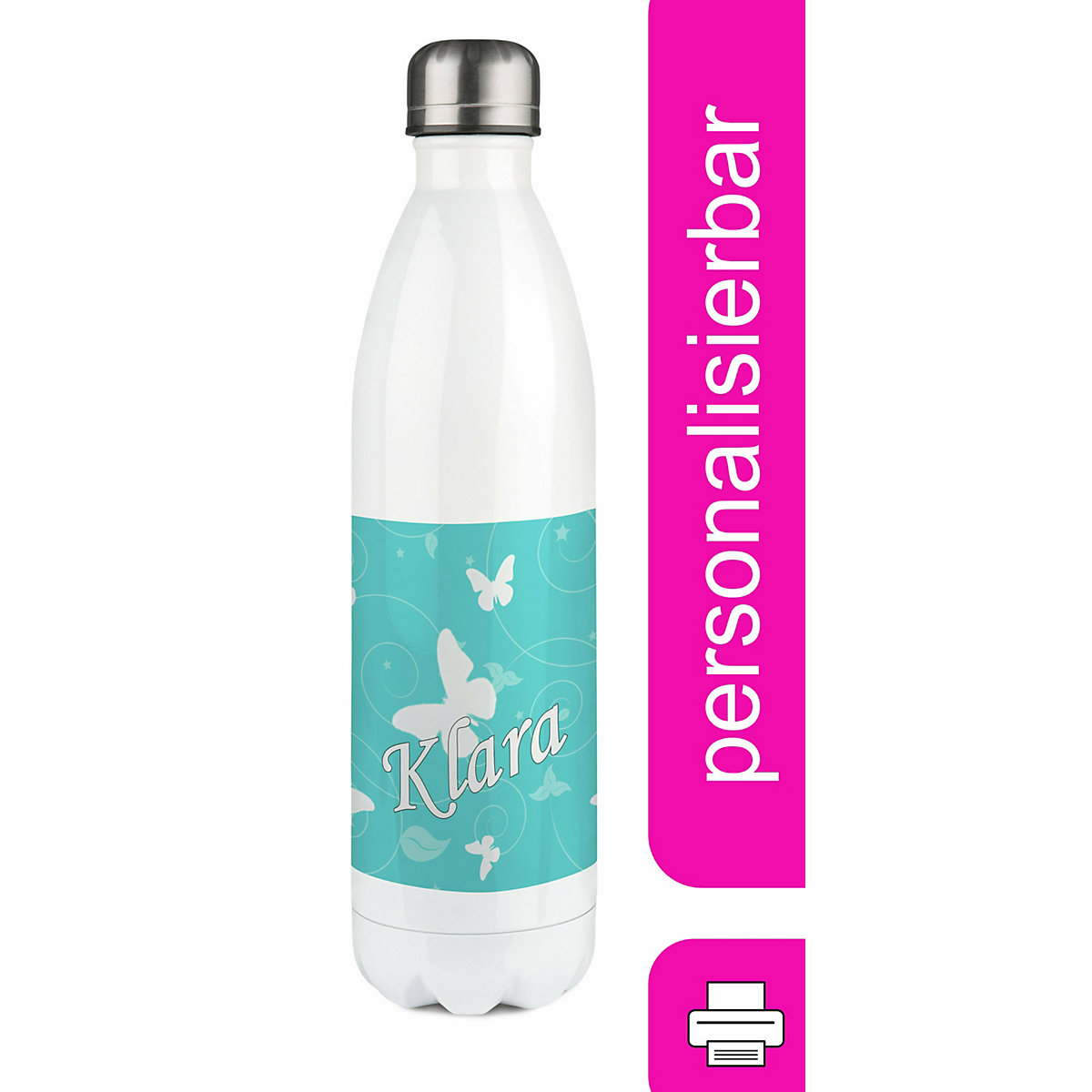 Edelstahl Kinder Thermoflasche / Trinkflasche bunt Schmetterling Ornamente Farbe türkis Spülmaschinenfest, Auslaufsicher, Bruchfest, Doppelwandig, Für Heißgetränke geeignet, Mit Deckel, Isoliert