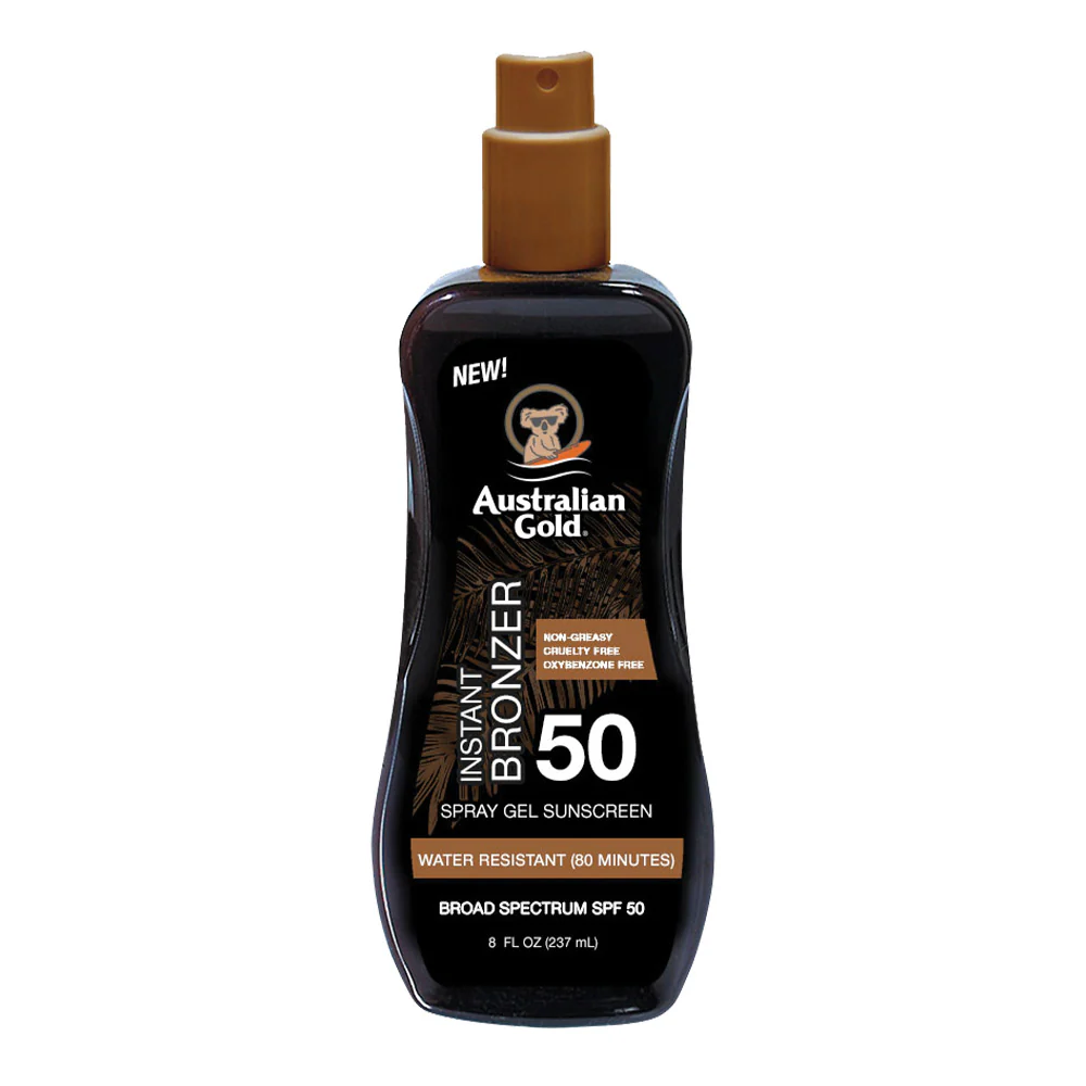 Gel protector solar en spray SPF50 con bronceador instantáneo - Gel solar corporal de alta protección.
