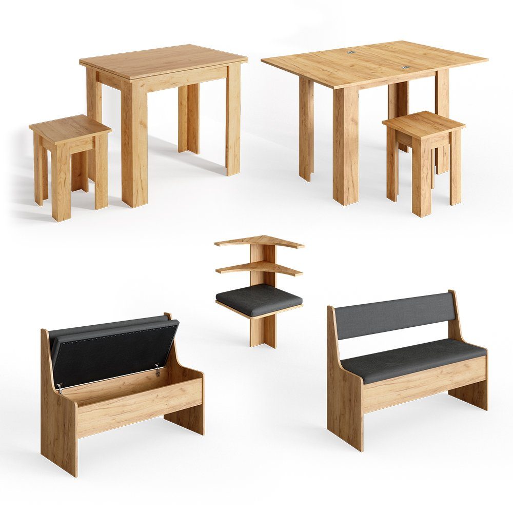 Vicco Sitzgruppe Eckbankgruppe Esszimmergruppe ROMAN Sandeiche Goldkraft Set 4, (Set, 5-tlg., 5-er Set), bequeme Polsterung