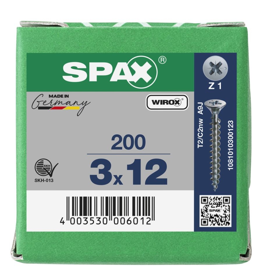 SPAX 1081010300123 Universalskrue 3 x 12 mm, Fuld gevind, Undersænket hoved, Phillips hoved Z1 - 200 stk.