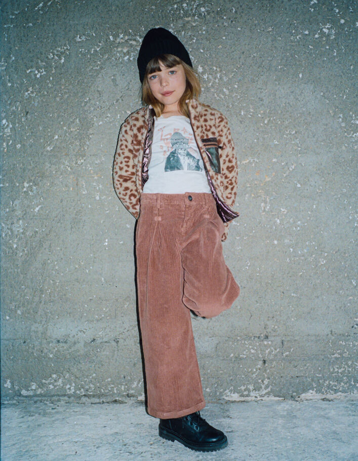 Pantalon large rose cuivré en velours côtelé fille