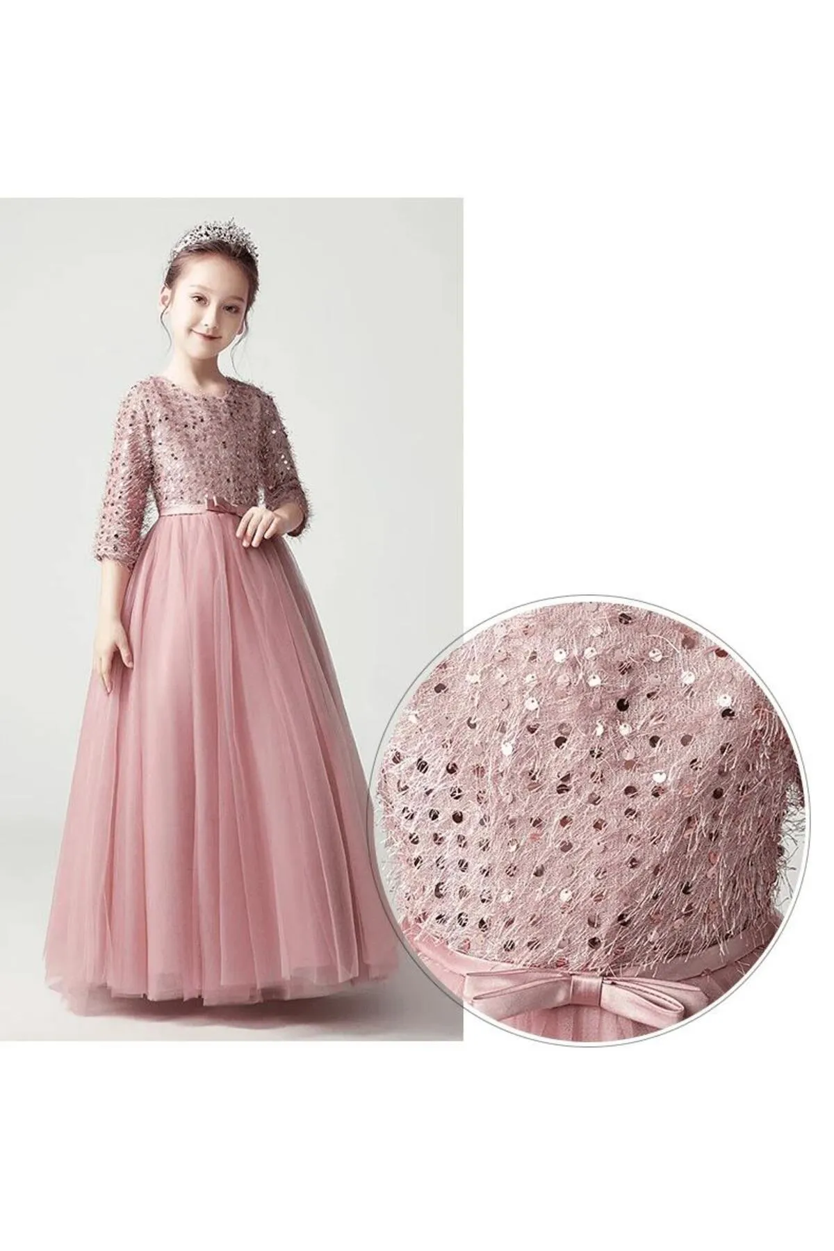 Mashotrend  Bled Abendkleid für Mädchen mit Pailletten und Fransen – Tarlatan Kinder-Abendkleid Langarm-Abendkleid für Mädchen