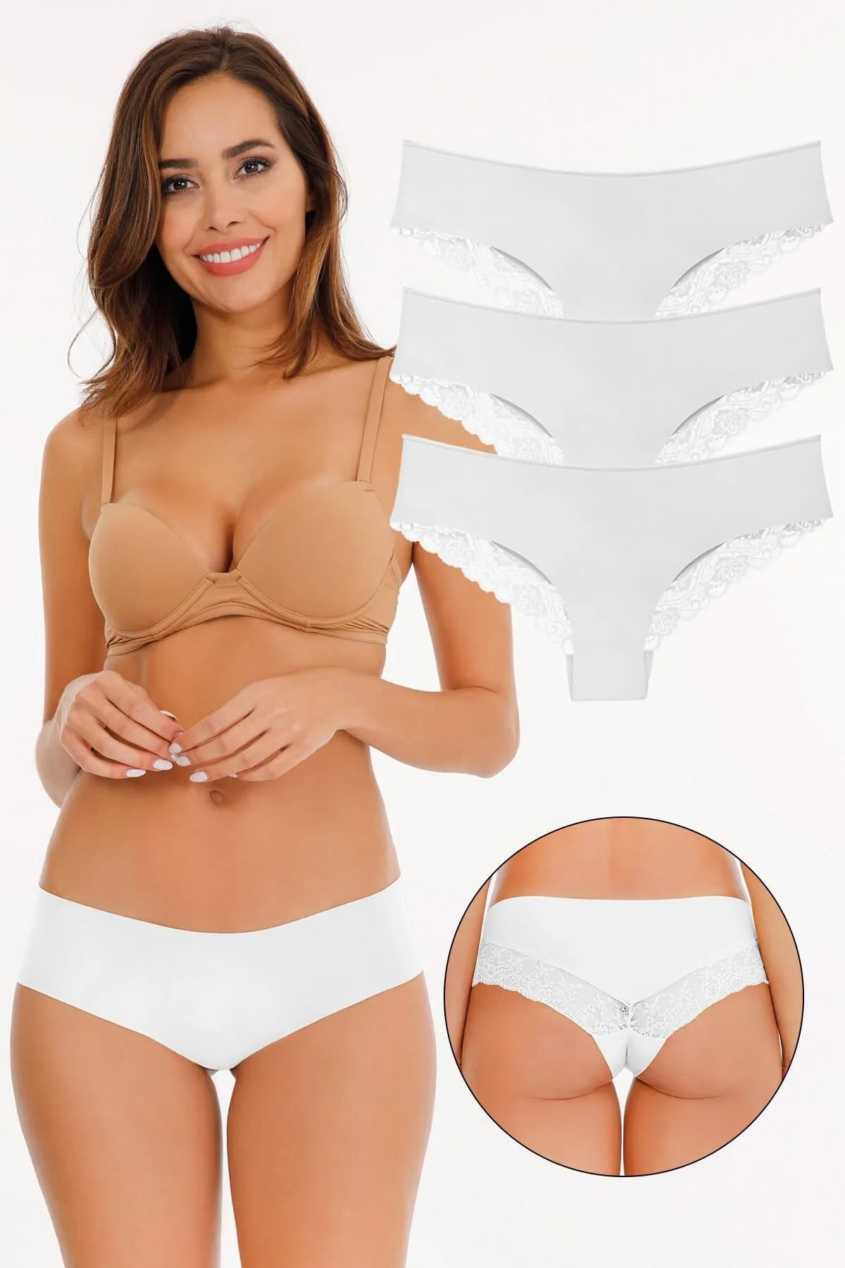 Sensu  Damen - Laser Cut Spitzenhöschen 3er-Pack Weiß - Kts2112