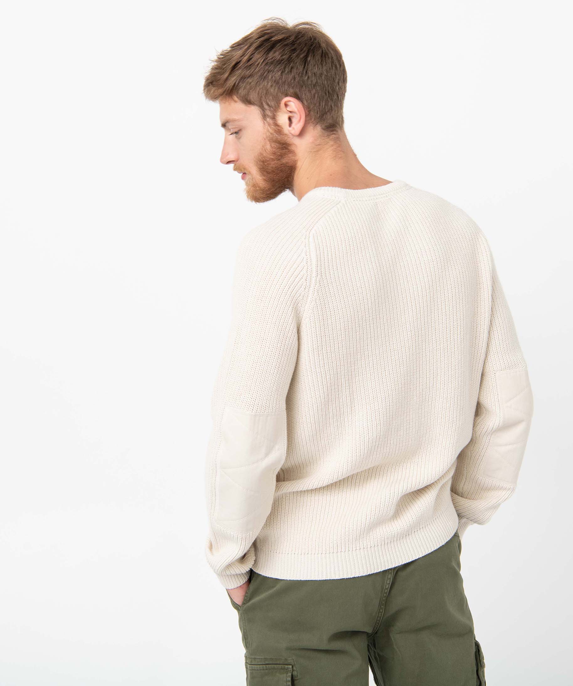 Pull homme uni en grosse maille avec empiècements ecru | GEMO