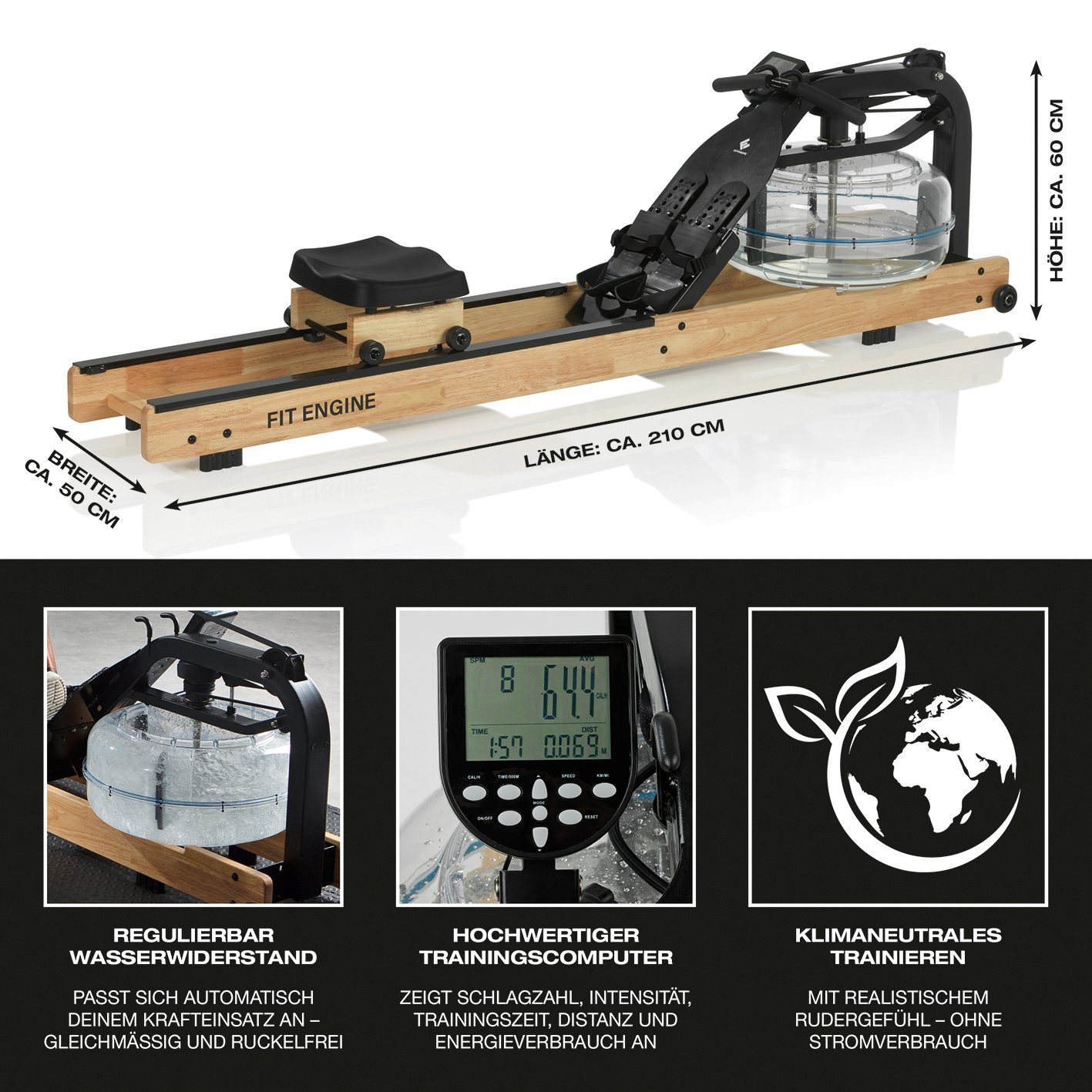 FitEngine Rudergerät Wasserwiderstand 210cm Echtholz LCD-Display, regulierbarer Widerstand