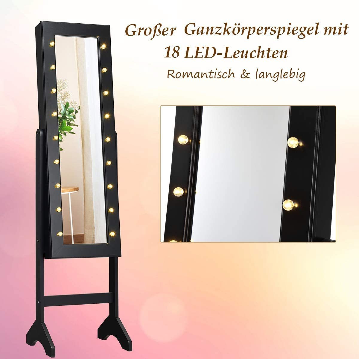 COSTWAY Schmuckschrank stehend, mit LED und Spiegel, neigbar, 35×31,5x145cm