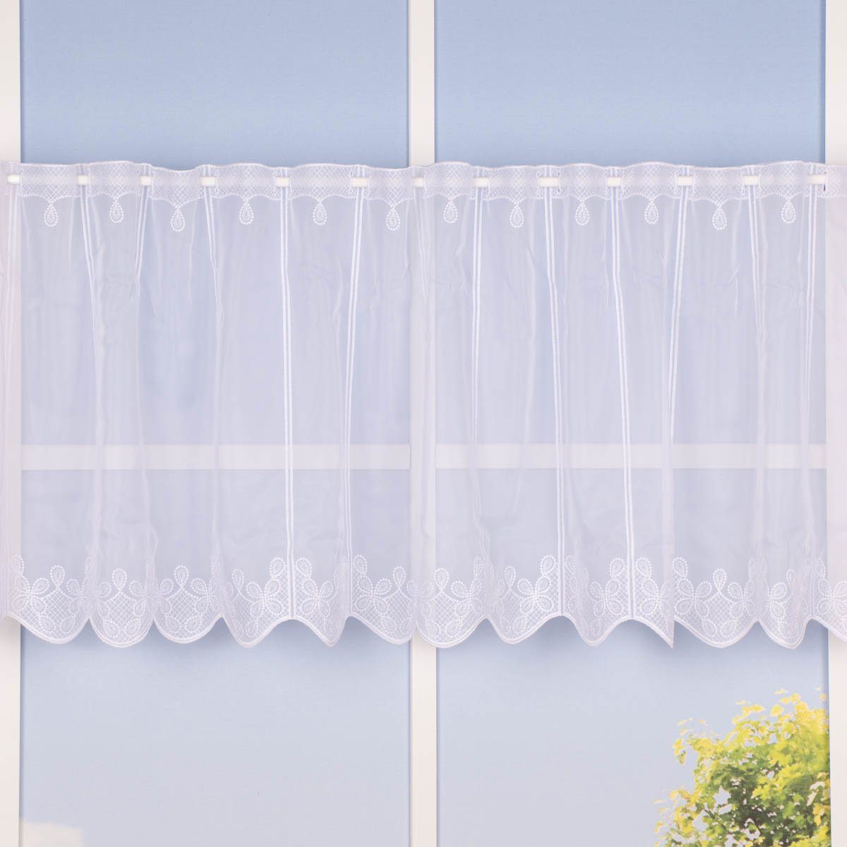 Meterware Scheibengardine Meterware Voile Stickerei Ornamente nähfrei weiß 45cm, SCHÖNER LEBEN., leicht perforiert, Polyester, bestickt