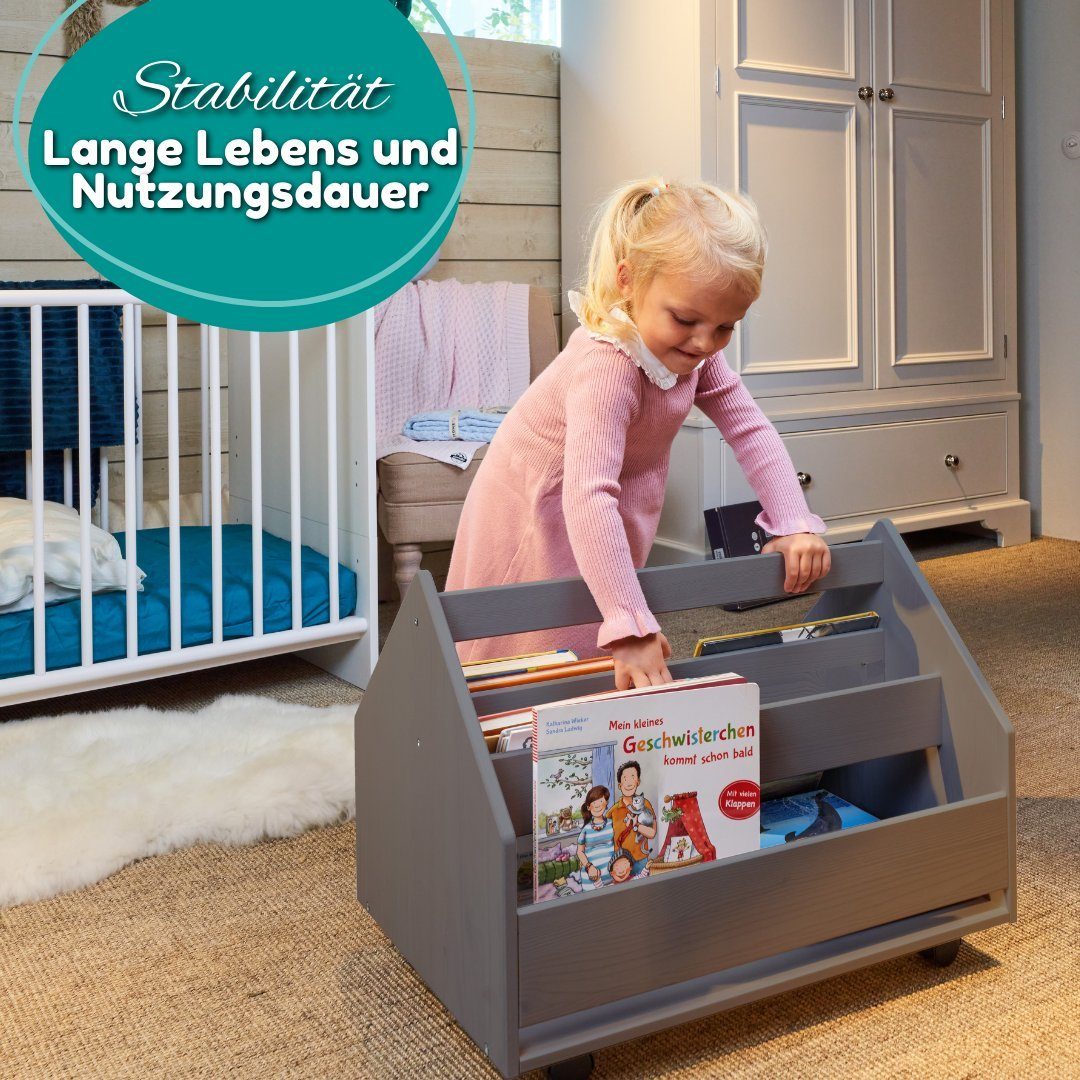 Alavya Home® Bücherregal COMET, Kinder Bücherregal I Kinderregal mit 2 Ablagen 4 Rollen 1-tlg., Aufbewahrungsregal für Bücher in Kinder-Spielzimmer aus Kieferholz