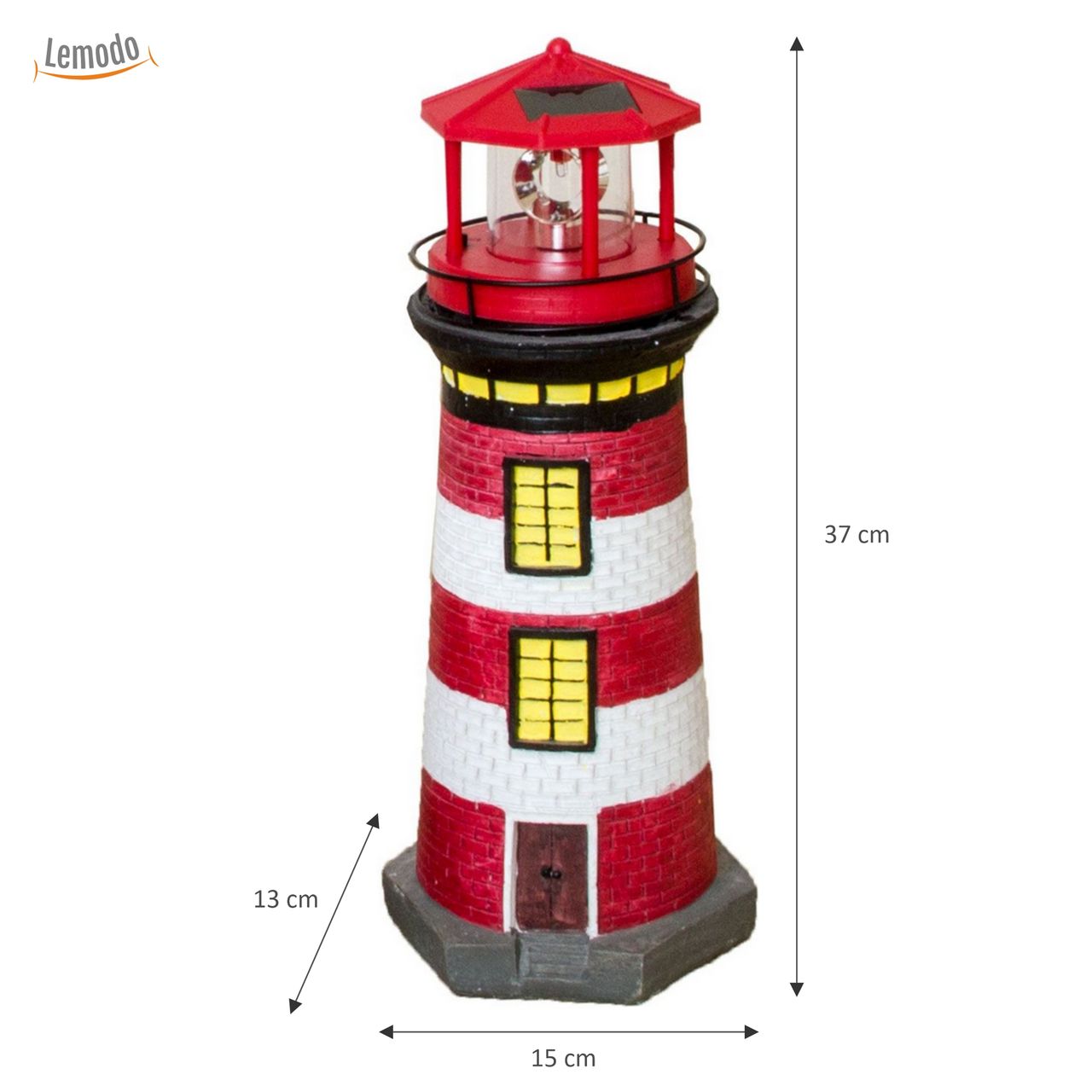Lemodo Lemodo Gartendeko Leuchtturm mit Solar rot/weiß, handbemalte Gartenfigur 37 cm hoch