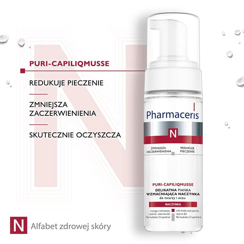 „Pharmaceris N Puri-Capilium“ švelnios veido ir paakių valomosios putos, stiprinančios kapiliarus.