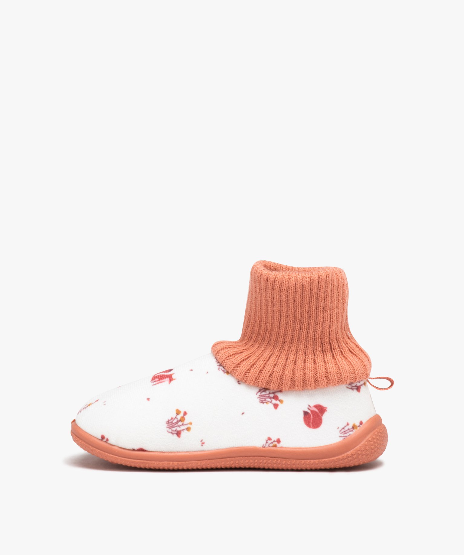 Chaussons fille en velours ras à motifs et col chaussette beige | GEMO