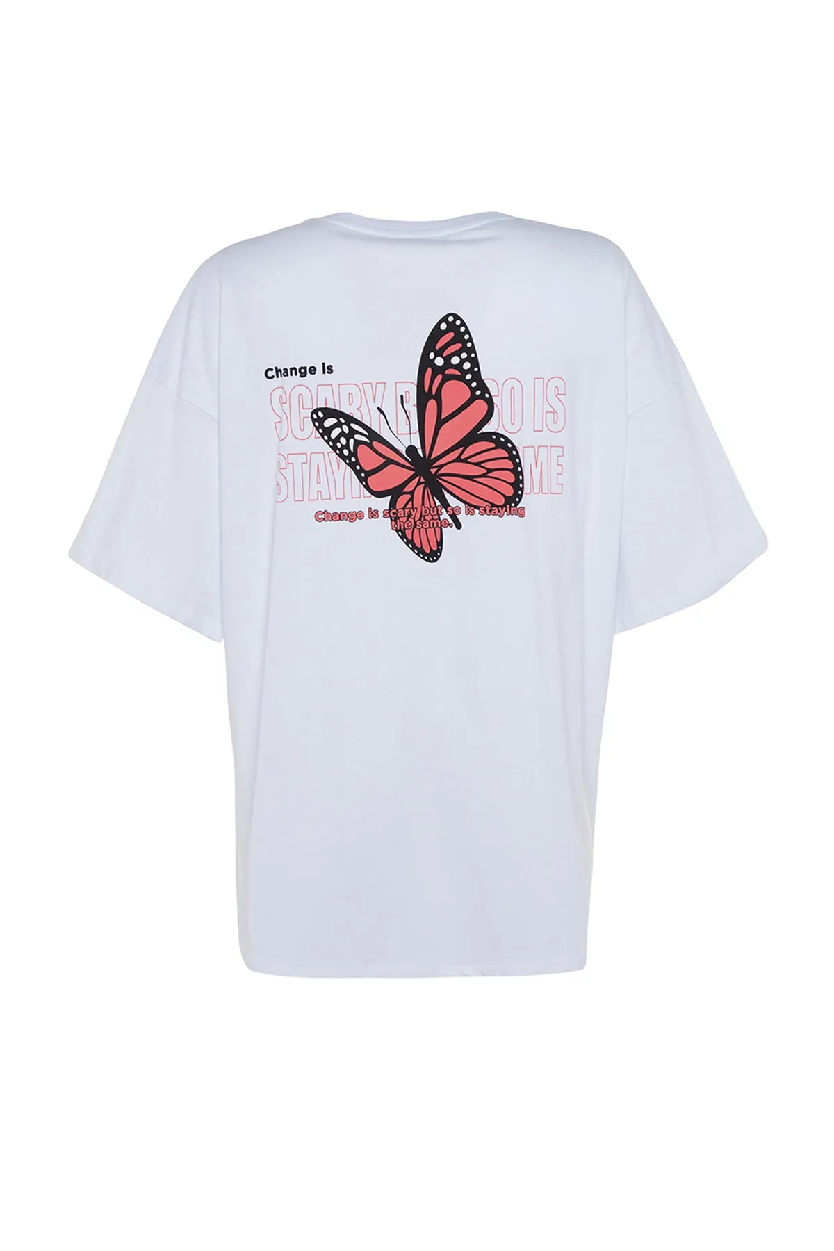 Trendyol Collection  Weißes Oversize-Strick-T-Shirt aus 100 % Baumwolle mit Aufdruck auf Brust und Rücken TWOSS23TS00188