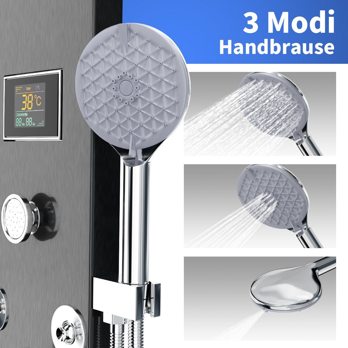 MULISOFT Brausegarnitur 6 in 1 Duschsäule Massagedusche, Regendusche,Handbrause Wanneneinlauf, 6 Strahlart(en), Duschpaneel Edelstahl mit Thermostat für Badezimmer Dusche