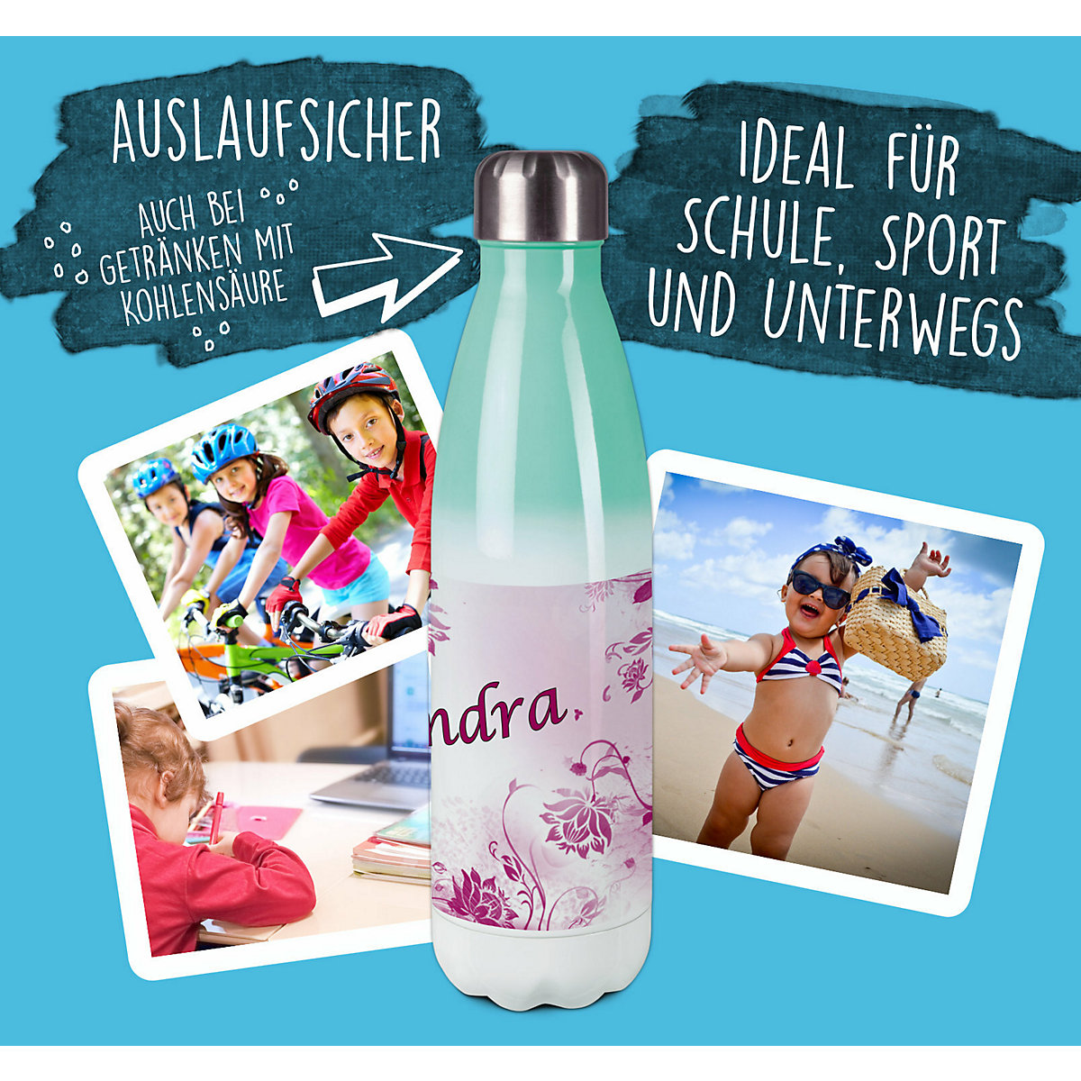 Edelstahl Kinder Thermoflasche / Trinkflasche bunt Blumenranke Farbe brombeere Spülmaschinenfest, Auslaufsicher, Bruchfest, Doppelwandig, Für Heißgetränke geeignet, Mit Deckel, Isoliert