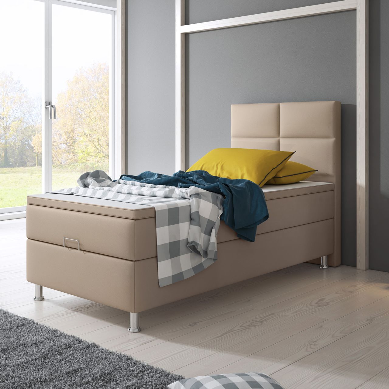 IHG Boxspringbett Miami mit Bettkasten 90x200 cm Kunstleder Muddy