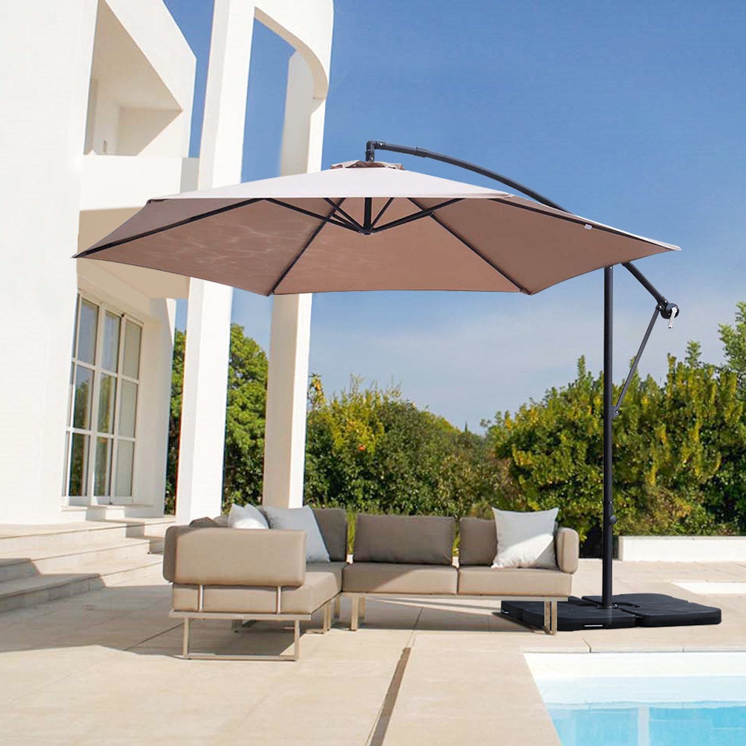 Sekey Ampelschirm 300 cm Sonnenschirm mit Ständer ohne Platten, Gartenschirm mit Kurbel, LxB: 300,00x300,00 cm, Sonnenschutz UV50+
