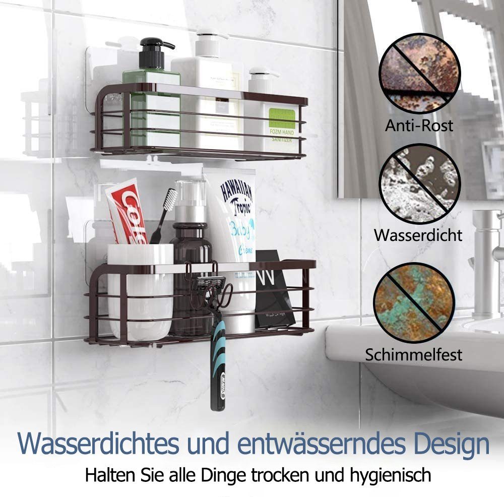 Elegear Duschablage ohne Bohren aus Edelstahl, Duschkorb mit Starker Klebhaken, 10KG MAX, Set 2-tlg, Dusch Ablage mit Haken, Zubehör für Küche und Bad