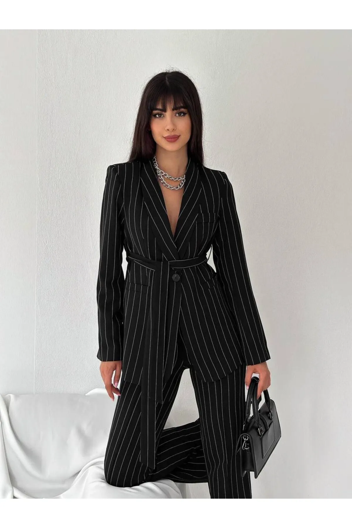 ZF BUTİK  Anzug aus Jacke und Hose mit Gürtel und Streifen