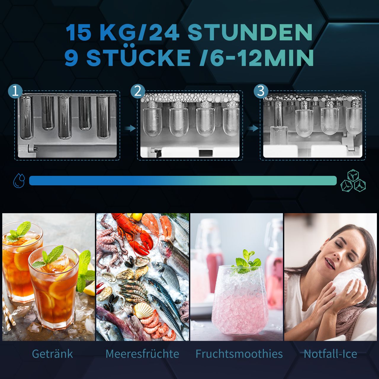 HOMCOM Eiswürfelmaschine, 15 kg/24h 1,6 L Eiswürfelbereiter Ice Maker Schwarz