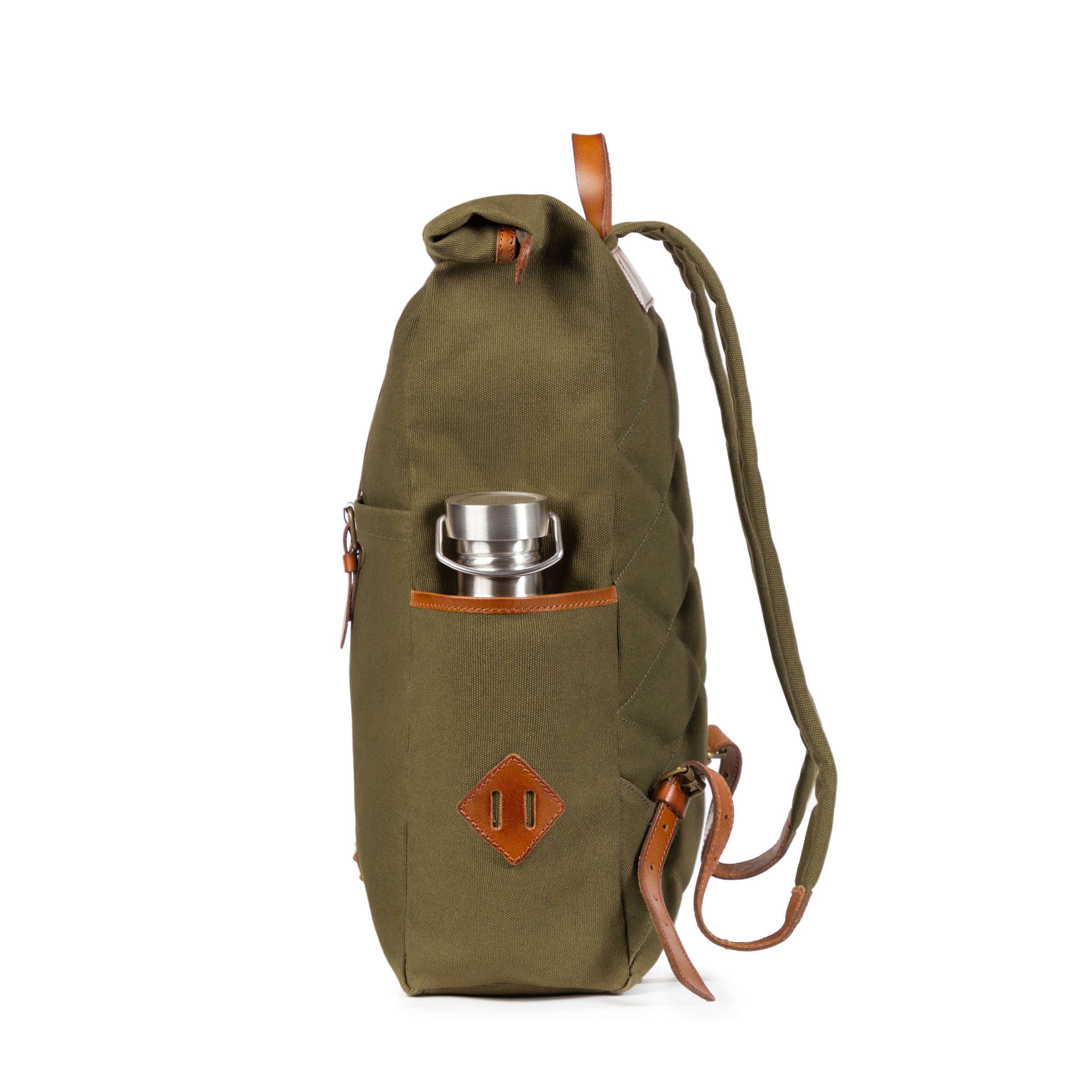 DRAKENSBERG Tagesrucksack Roll-Top Rucksack Archie Oliv-Grün, unisex Cityrucksack aus Canvas mit Lederdetails und 15