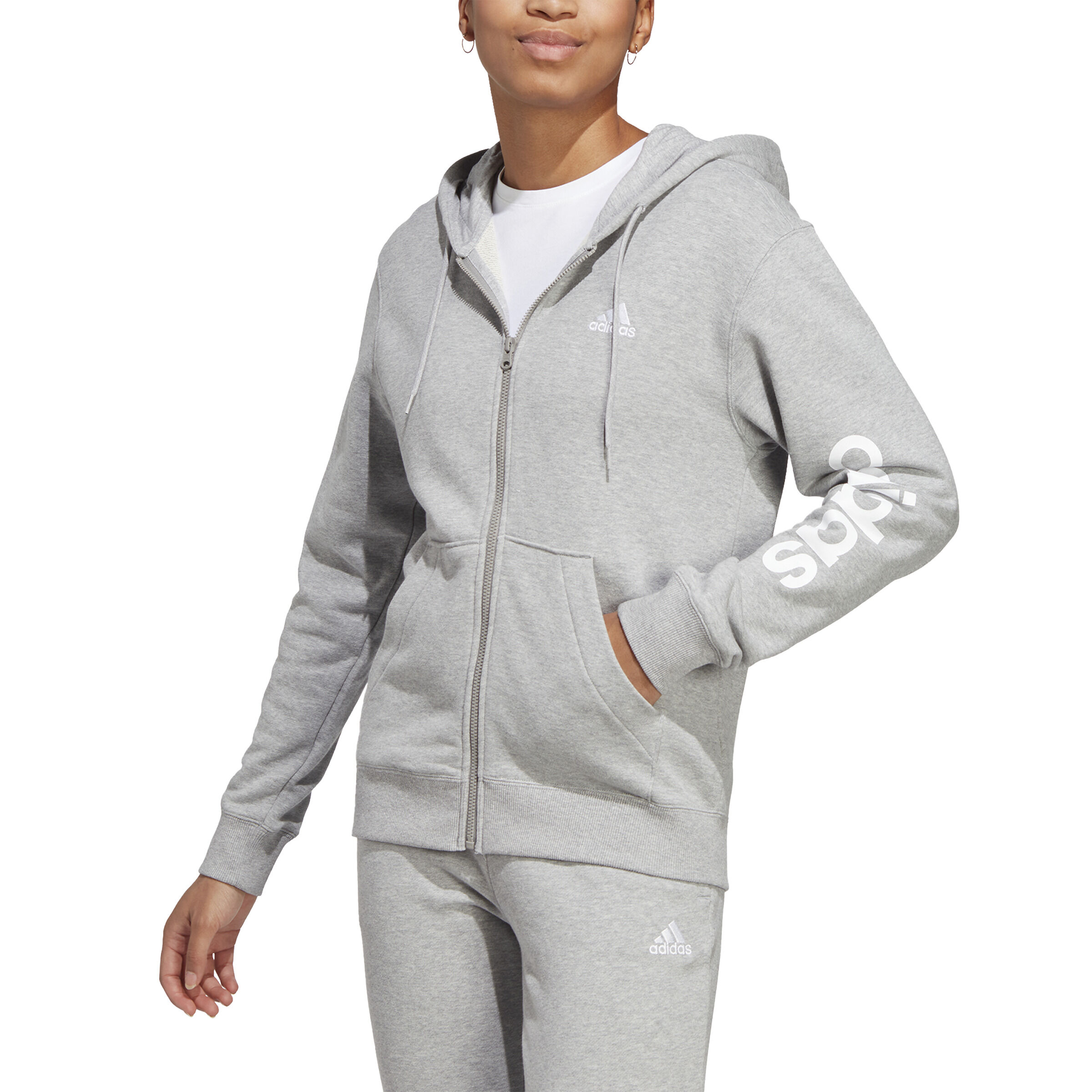 Essentials Linear Full-Zip French Terry Sweatjacke Damen - Hellgrau, Weiß