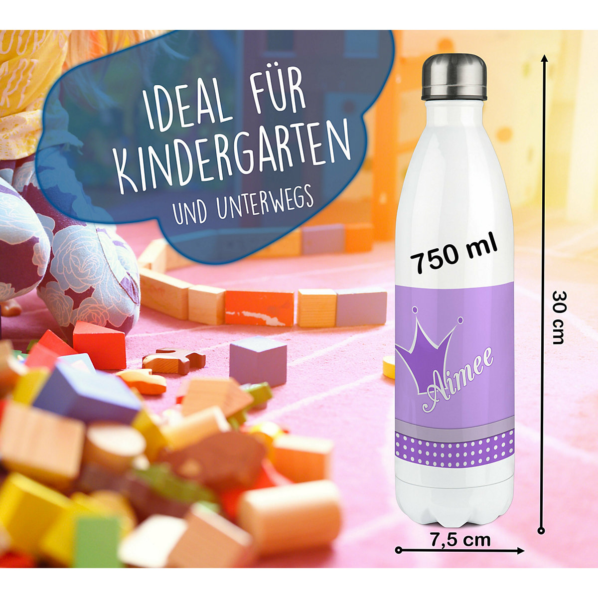 Edelstahl Kinder Thermoflasche / Trinkflasche bunt Krone Farbe lila Spülmaschinenfest, Auslaufsicher, Bruchfest, Doppelwandig, Für Heißgetränke geeignet, Mit Deckel, Isoliert