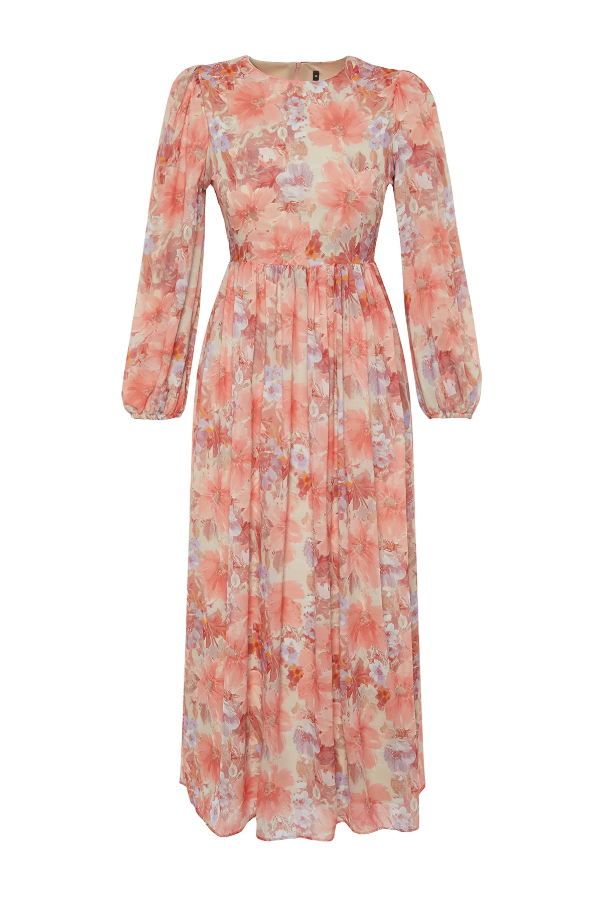 Trendyol Modest  Orangefarbenes, mit Blumen gefüttertes Webkleid TCTSS24EB00100