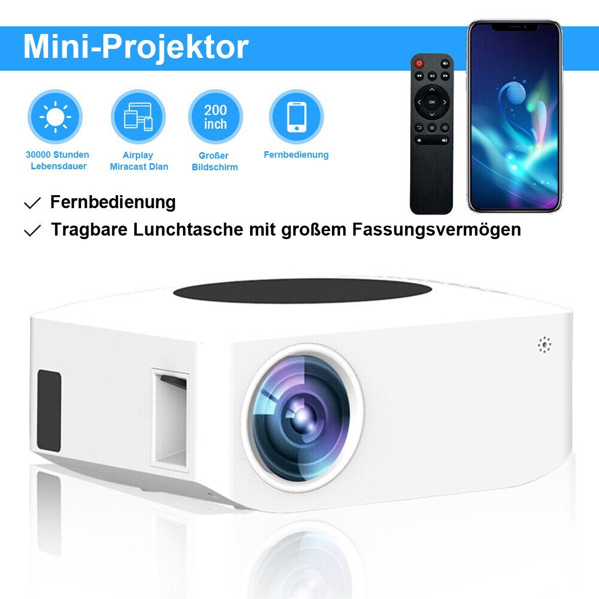 Yoyaxi 8000LM WLAN-Projektor, kabellos, Heimkino, Kino, Film, USB, HDMI, AV Portabler Projektor (Kabelloser 200-Zoll-Großbildschirm, 8000 LM hohe Helligkeit)