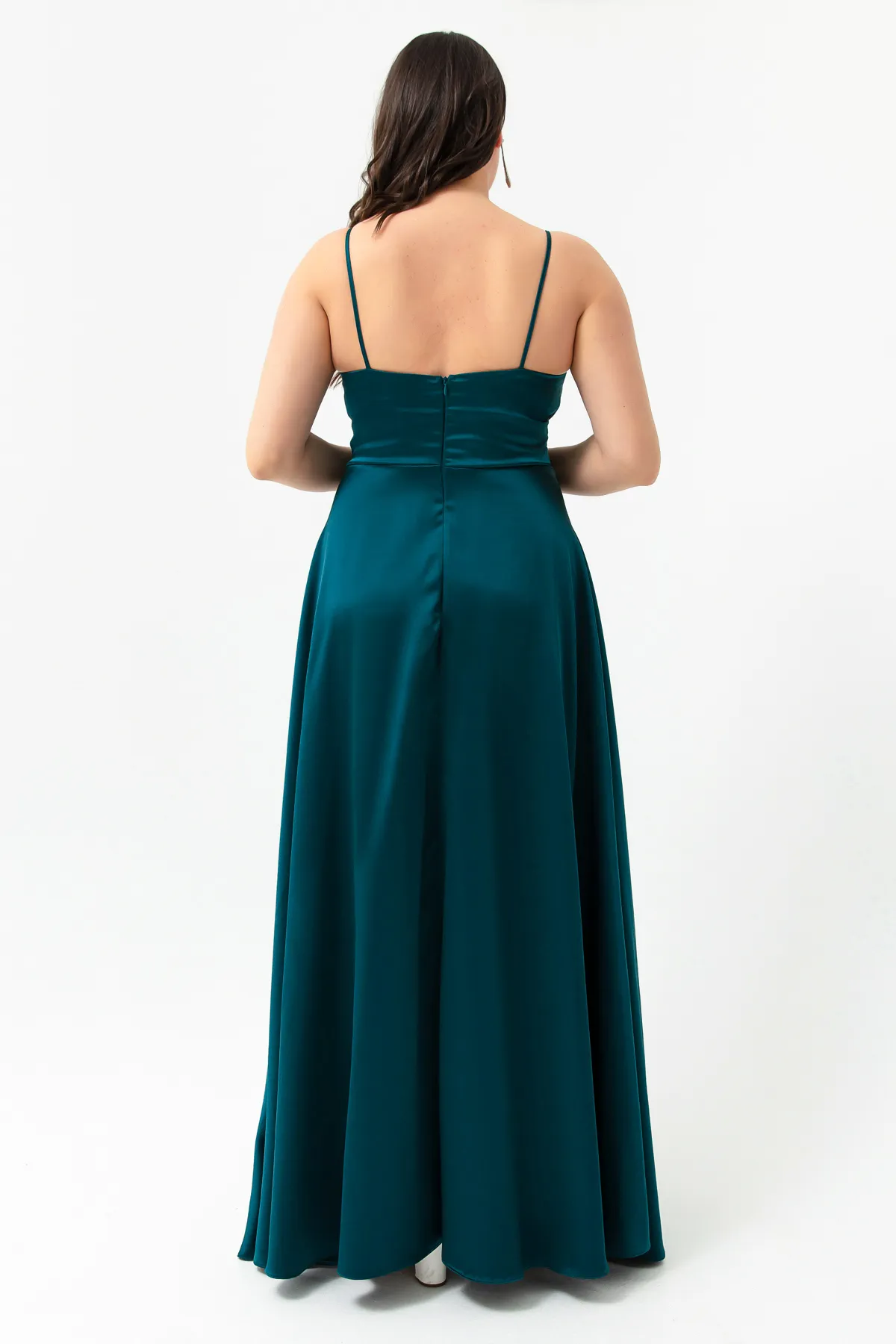 Lafaba  Damen-Abendkleid und Abschlusskleid aus Petrol in Übergröße mit Seilträgern aus Satin