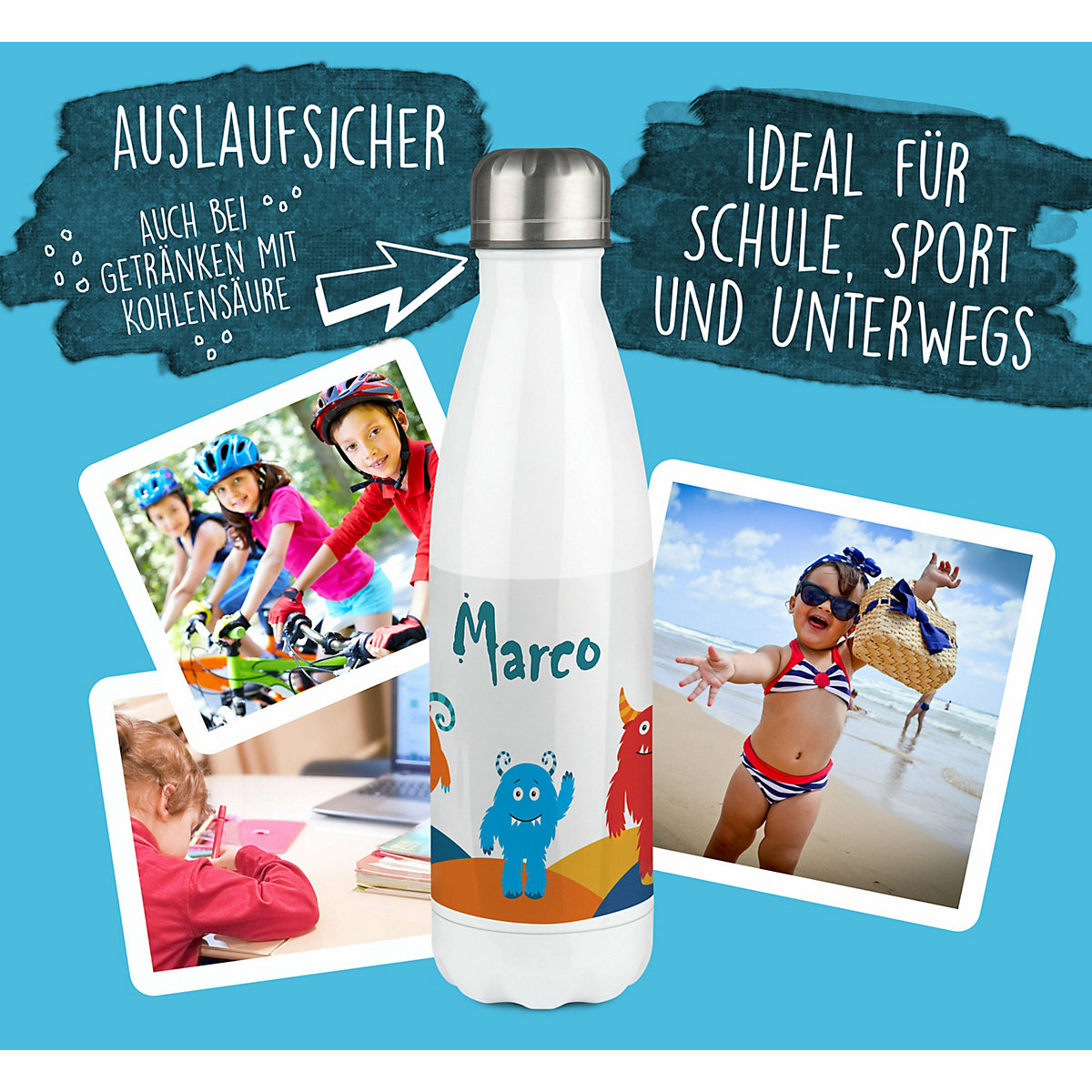 Edelstahl Kinder Thermoflasche / Trinkflasche bunt Monsterhügel Spülmaschinenfest, Auslaufsicher, Bruchfest, Doppelwandig, Für Heißgetränke geeignet, Mit Deckel, Isoliert