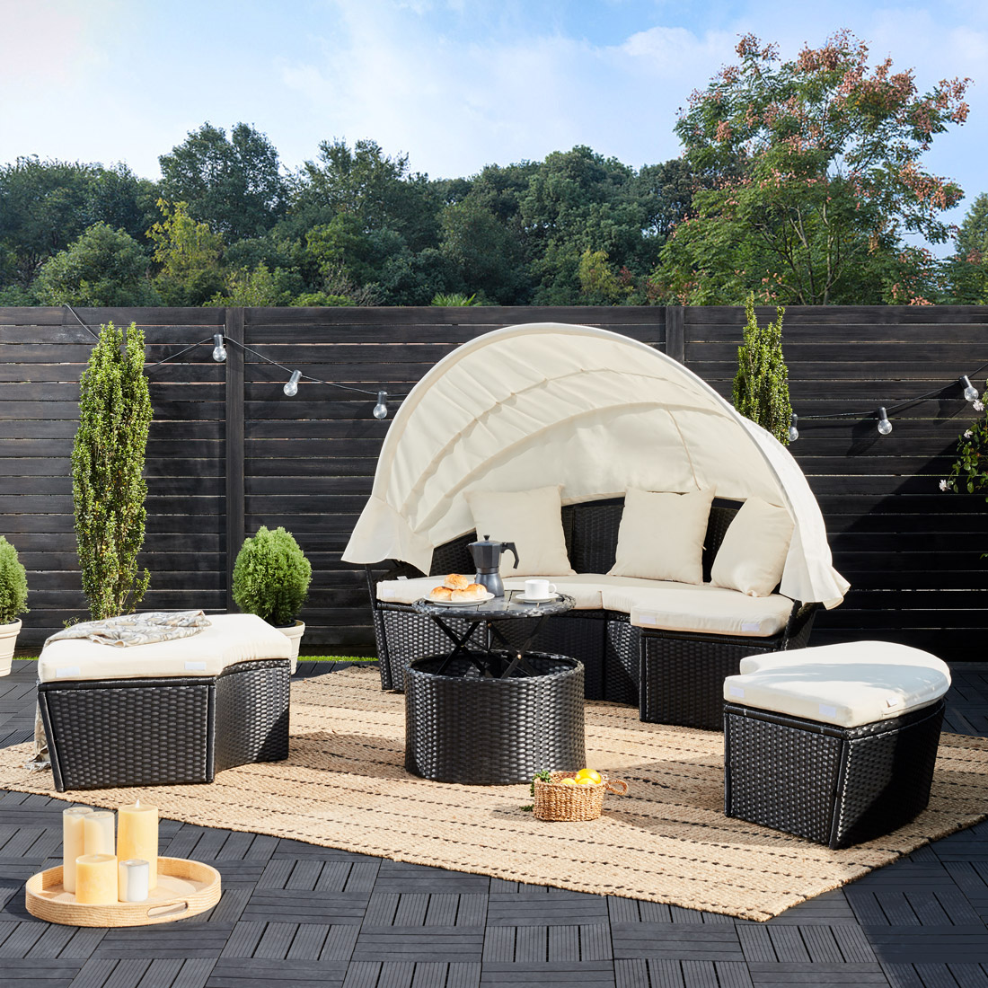 Casaria Sonneninsel Polyrattan mit Sonnendach 185 x 185 x 75 cm schwarz/creme