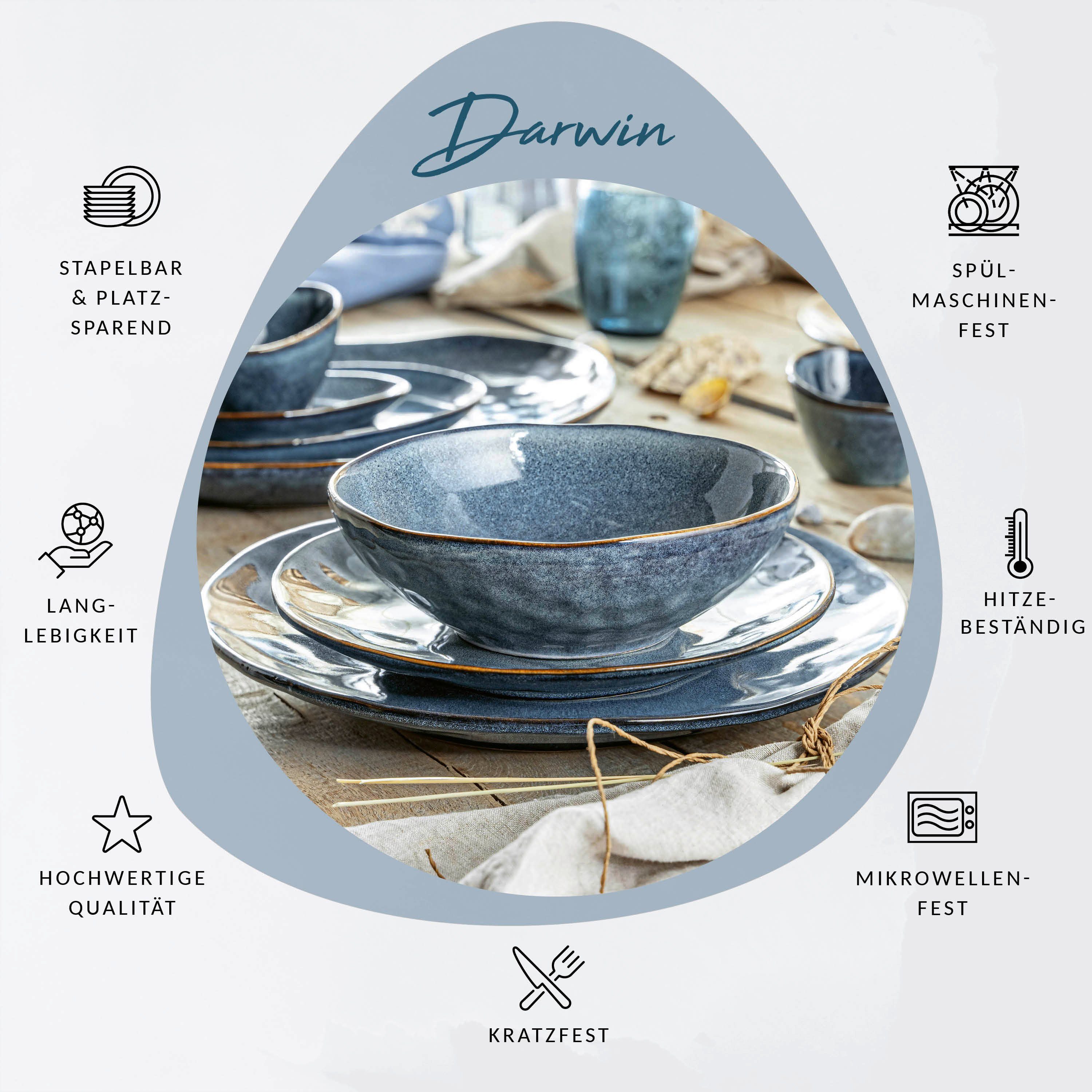 SÄNGER Tafelservice Darwin Geschirrset (12-tlg), 4 Personen, Steingut, Blau, Handmade