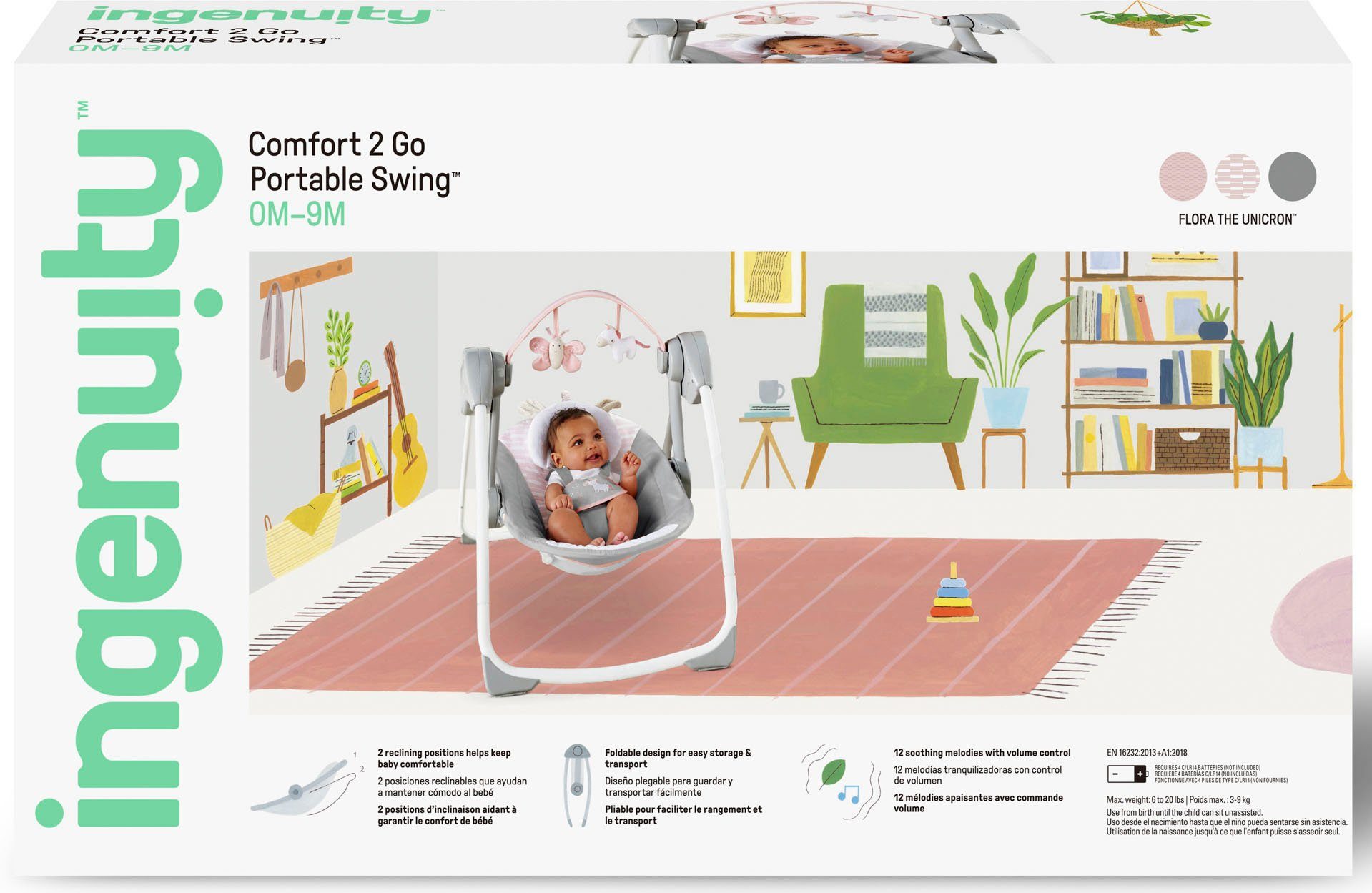 ingenuity Babyschaukel Comfort 2 Go, Flora Unicorn, tragbar