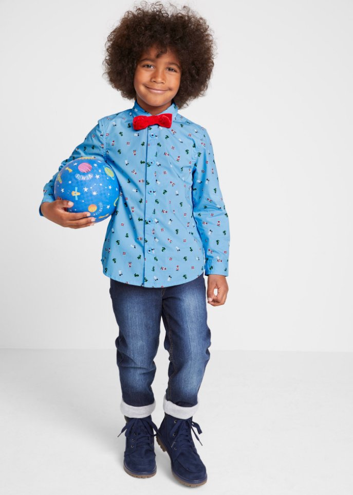 Jungen Langarmhemd mit Fliege und Weihnachtsmotiv (2-tlg.Set)