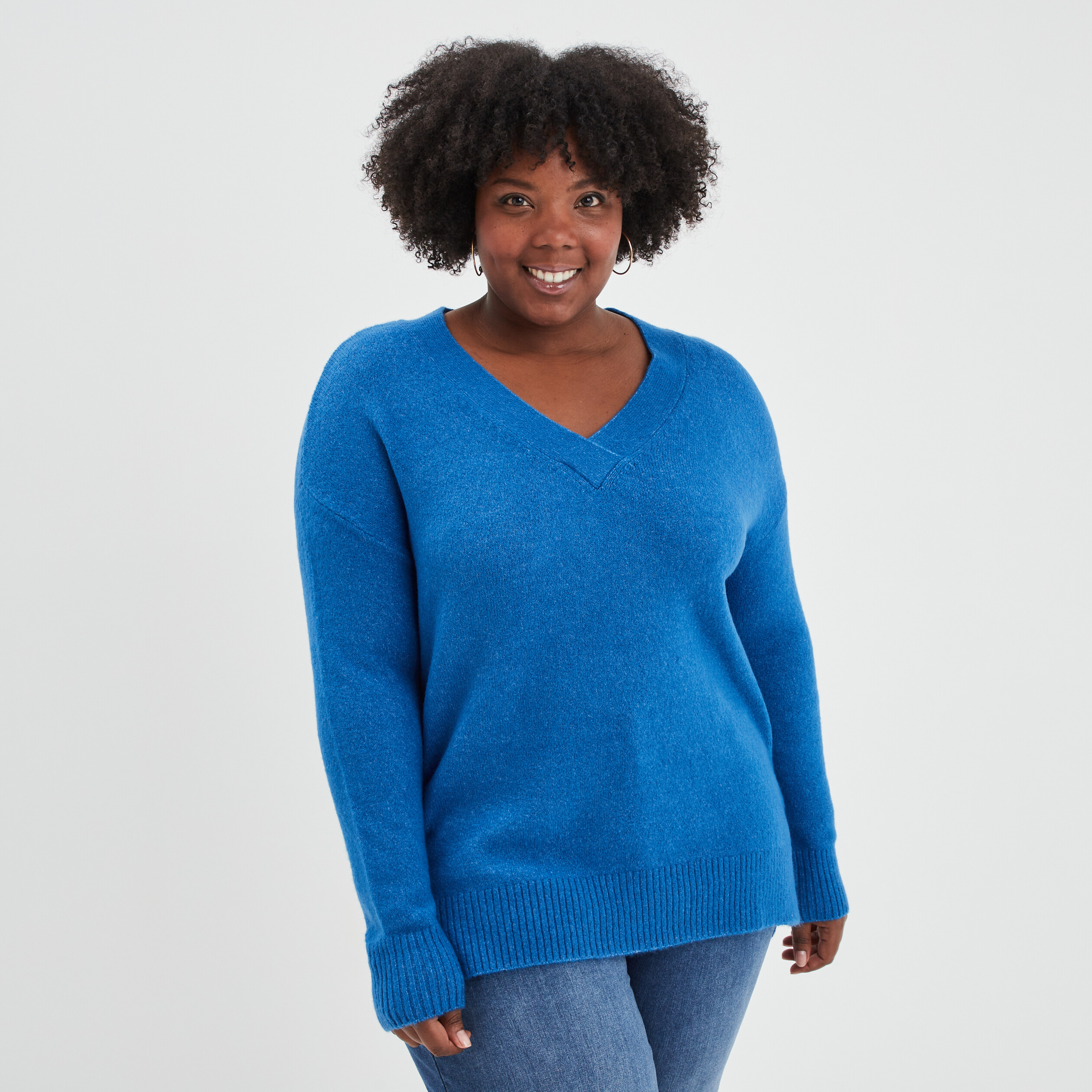 Pull col en V manches longues bleu femme grande taille | La Halle