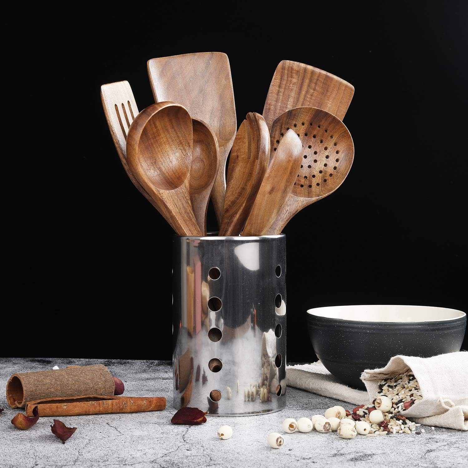 Fokelyi Kochbesteck-Set Holz Kochbesteck-Set,Kochlöffel Holz,Pfannenwender,8-Teiliges-Set