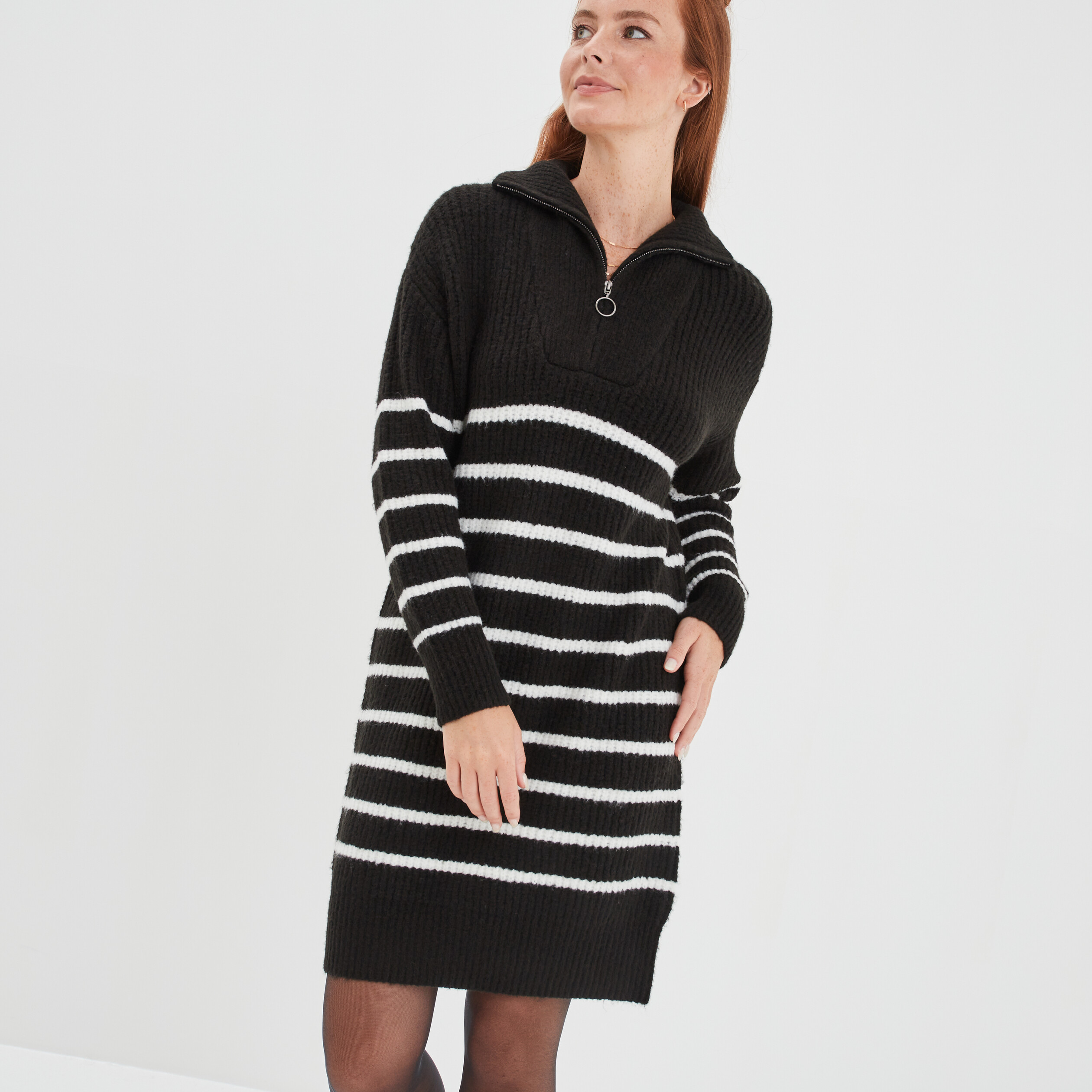 Robe pull col camionneur zippé noir femme | La Halle
