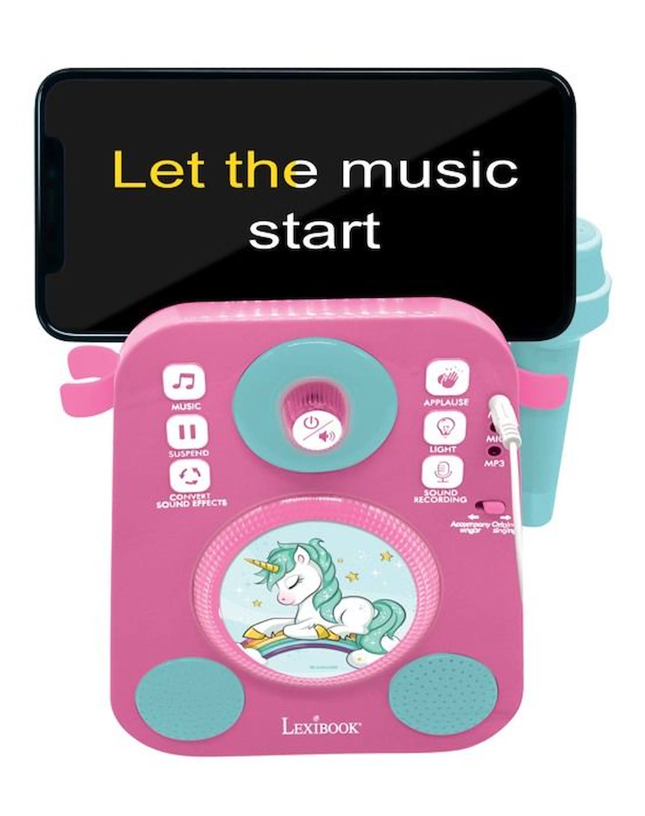 Karaoké Licorne avec deux microphones et effets lumineux et sonores rose
