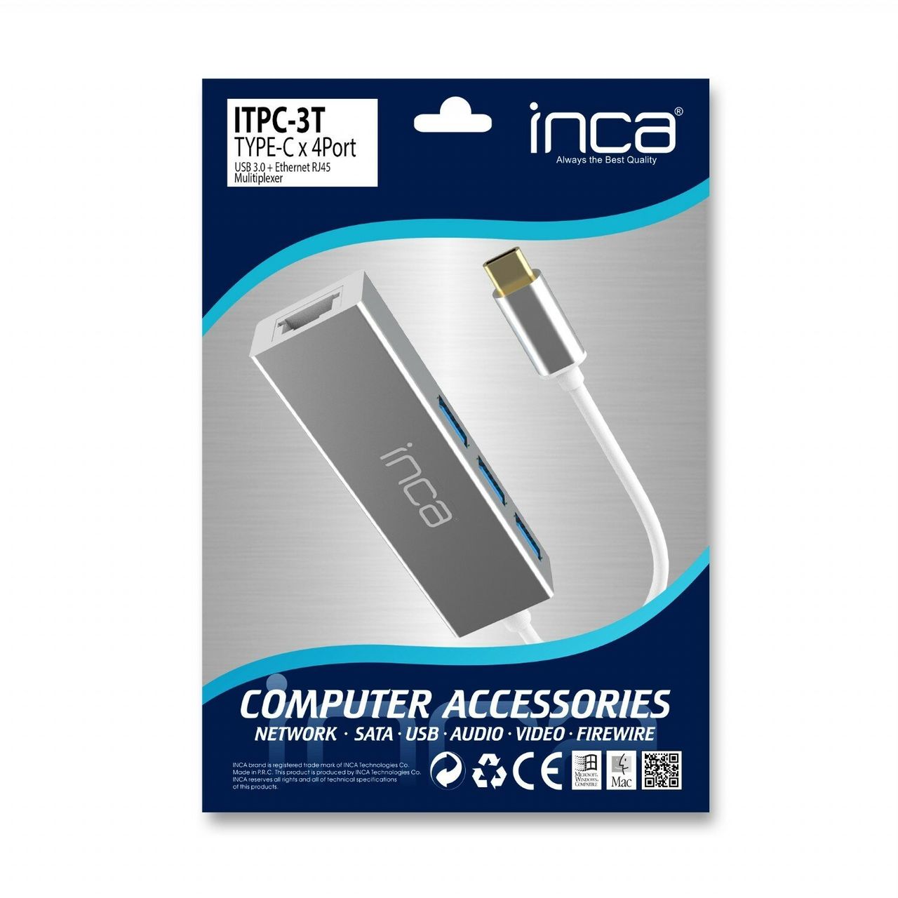 Inca USB-C HUB Type-C-Hub X4: USB 3.0, Ethernet RJ45 Multiplexer mit Strom- und Spannungsschutz Silber