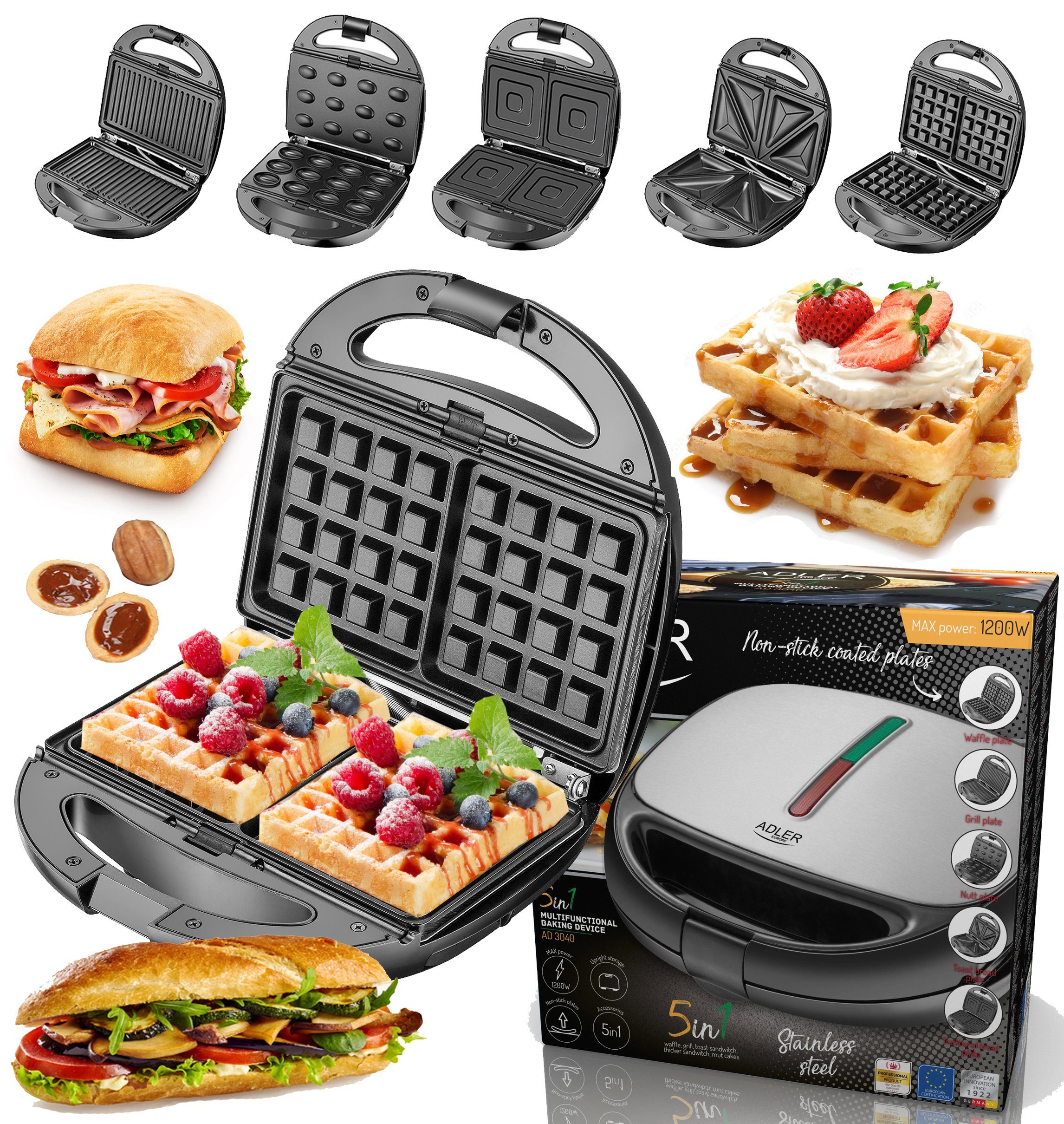JUNG Sandwichmaker ADLER A3040 Sandwichmaker 5in1 Sandwich Maker Waffeleisen Kontaktgrill, 1200 W, Toaster Antihaftbeschichtet leichte Reinigung Sandwichtoaster BPA frei