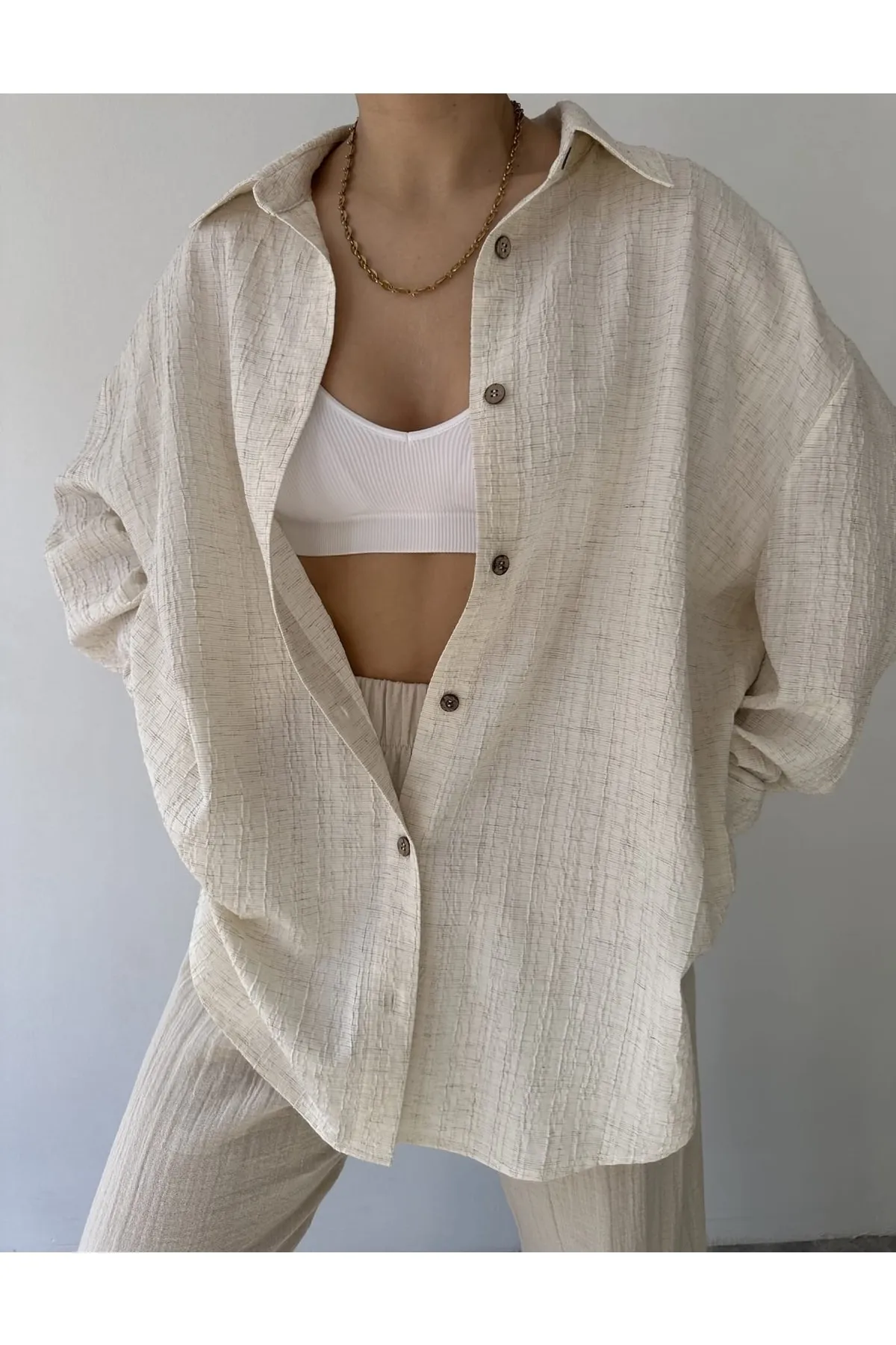 MAİ COLLECTİON  Beiges Durres-Leinen-Oversize-Hemd