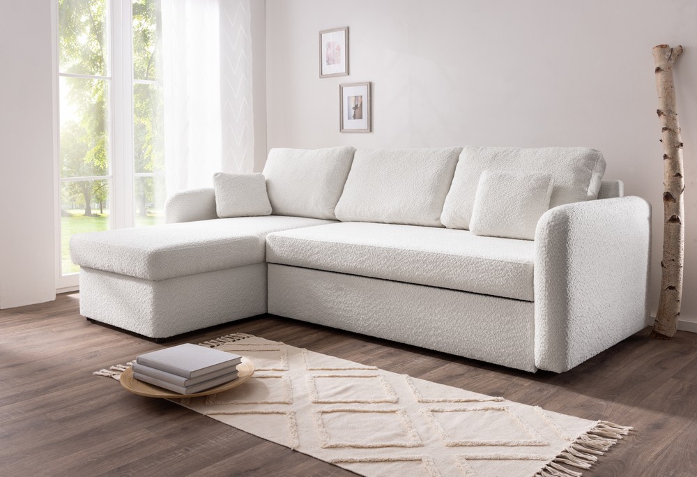 Möbel Punkt Ecksofa NICE Abriamo Boucle Ecru Hell mit Bett und Bettkasten Ottomane Universell Rechts Links