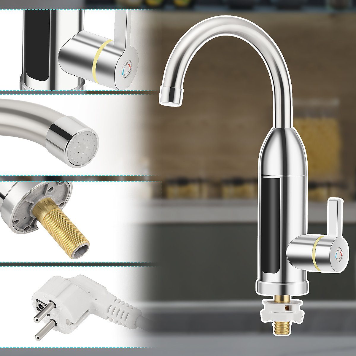 oyajia Klein-Durchlauferhitzer 3000W Elektrischer Wasserhahn, Küchenarmatur, 360 ° Schwenkbar