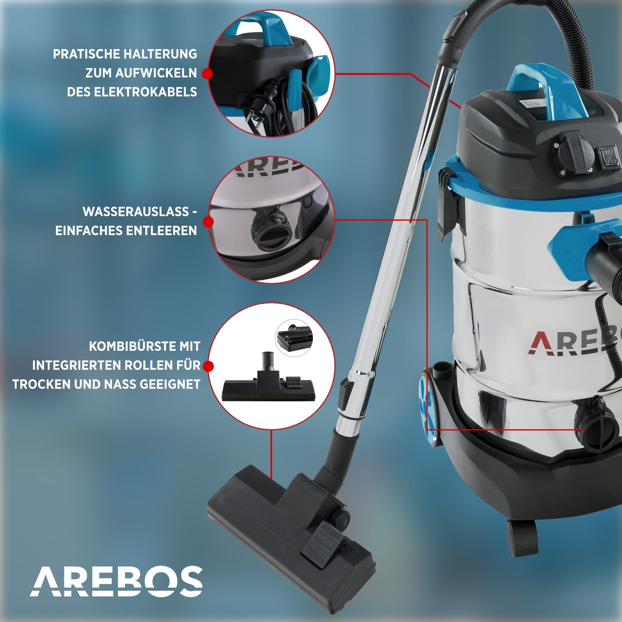 Arebos Industriesauger 1600W, Nass- & Trockensauger, Aschesauger für Kamin & Grill, 2600,00 W, mit und ohne Beutel nutzbar