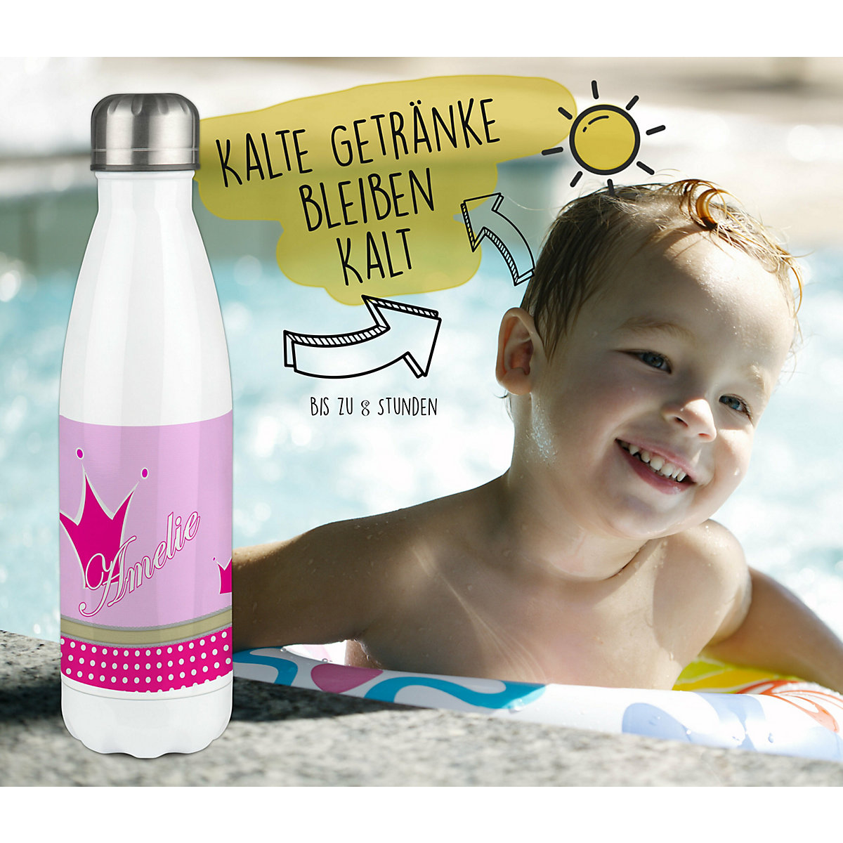 Edelstahl Kinder Thermoflasche / Trinkflasche bunt Krone Farbe pink Spülmaschinenfest, Auslaufsicher, Bruchfest, Doppelwandig, Für Heißgetränke geeignet, Mit Deckel, Isoliert