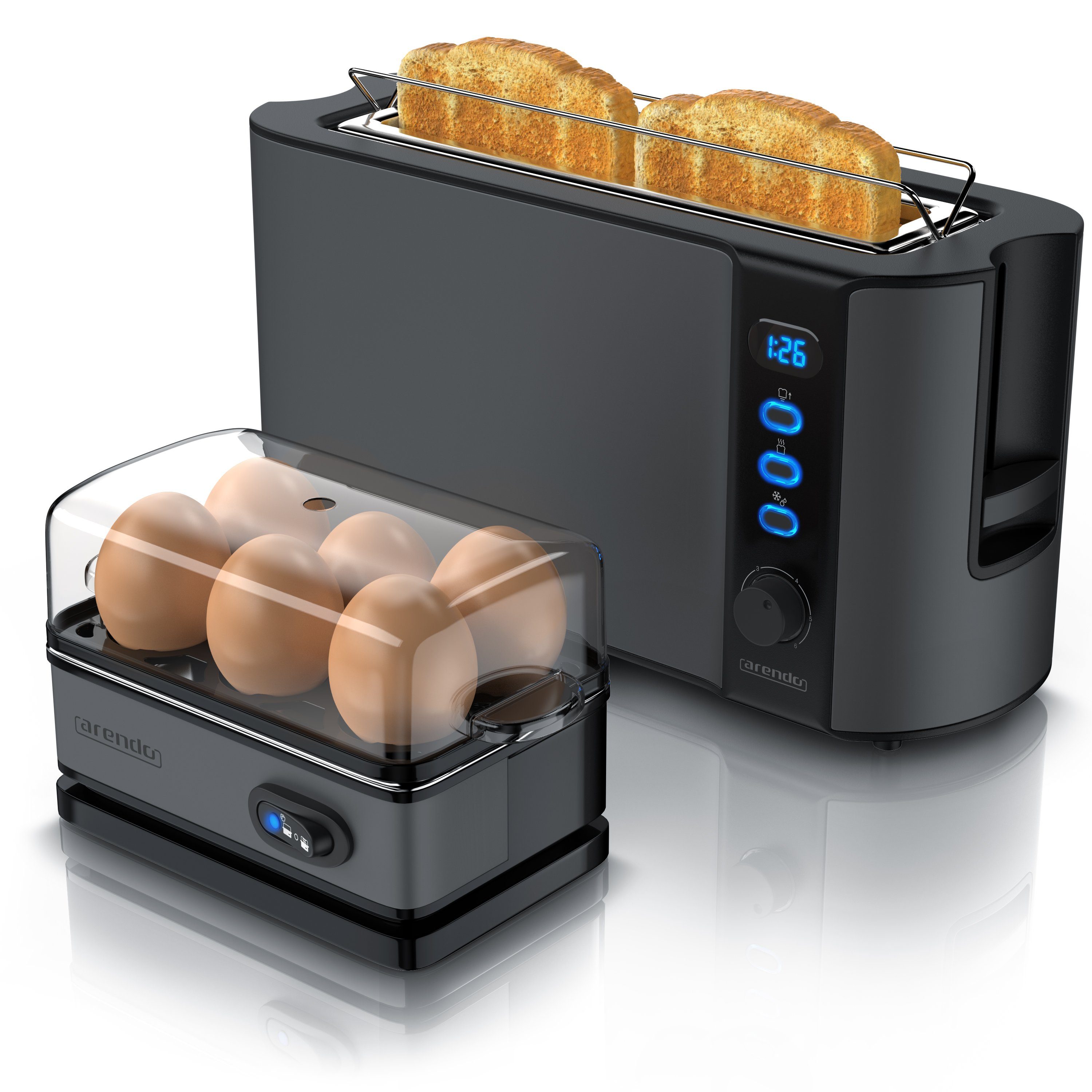 Arendo Frühstücks-Set (2-tlg), 2-Scheiben Toaster und 6-fach Eierkocher, Edelstahl, Grau